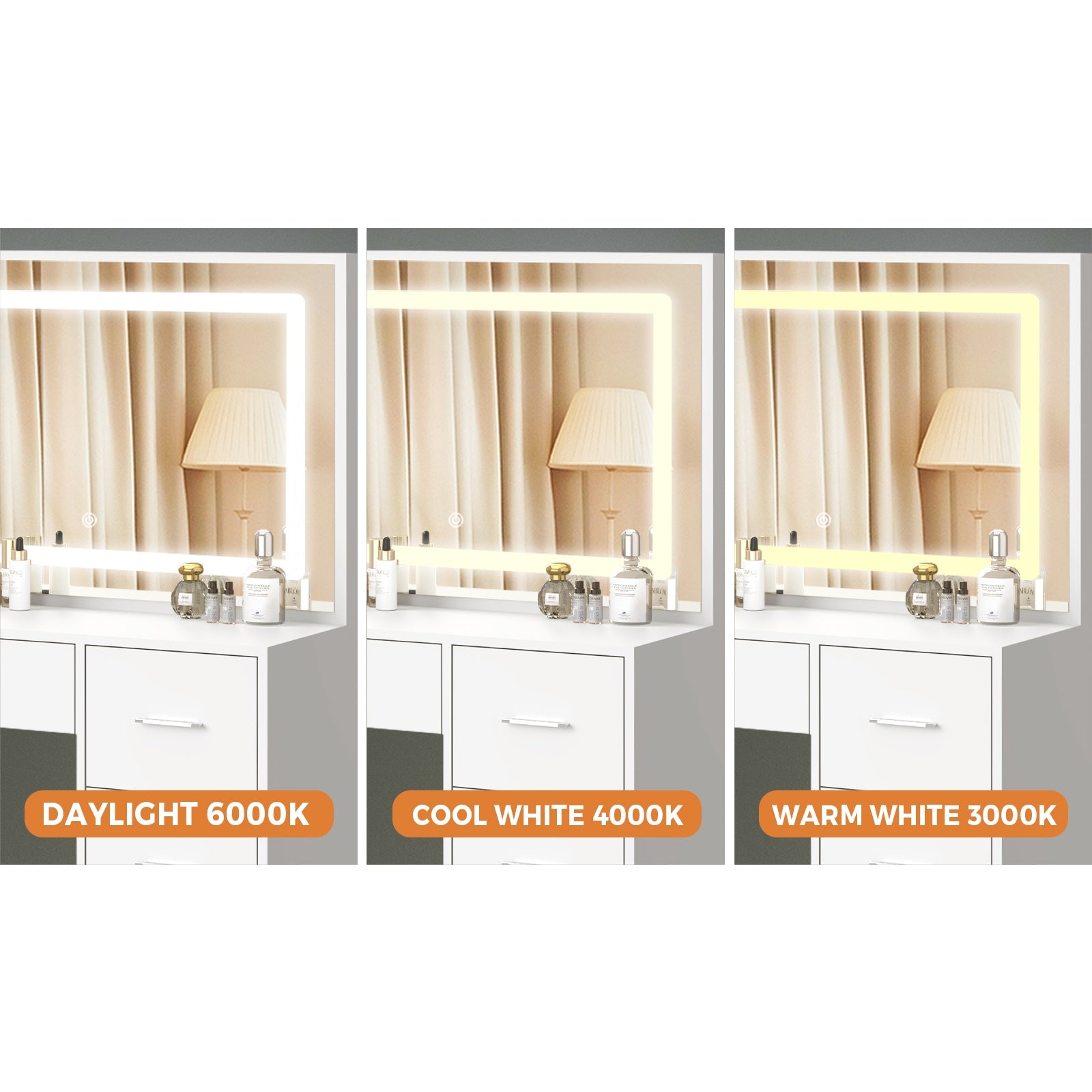 Oikiture Dressing Table Stool Set Large Makeup Mirror LED Light Vanity White - Sunyee