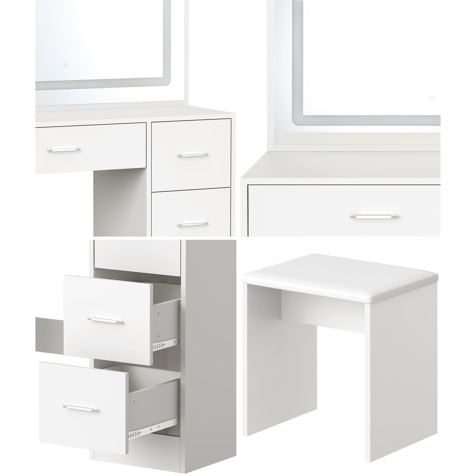 Oikiture Dressing Table Stool Set Large Makeup Mirror LED Light Vanity White - Sunyee