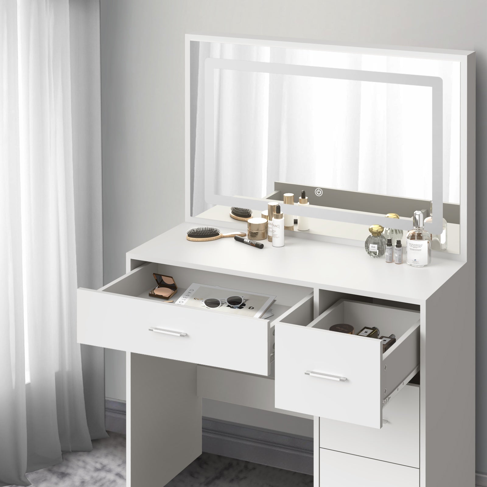 Oikiture Dressing Table Stool Set Large Makeup Mirror LED Light Vanity White - Sunyee