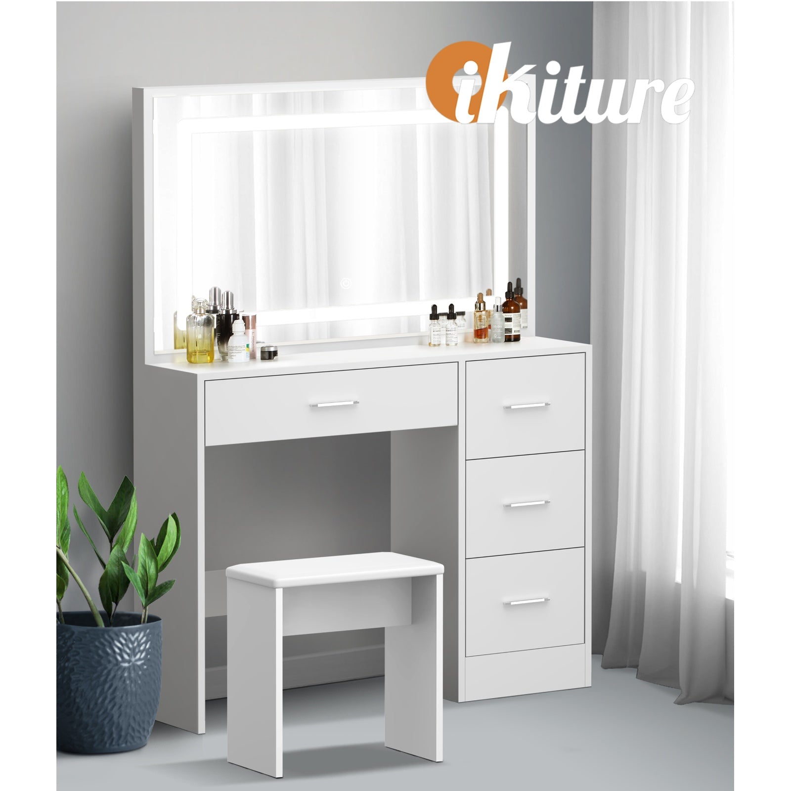 Oikiture Dressing Table Stool Set Large Makeup Mirror LED Light Vanity White - Sunyee