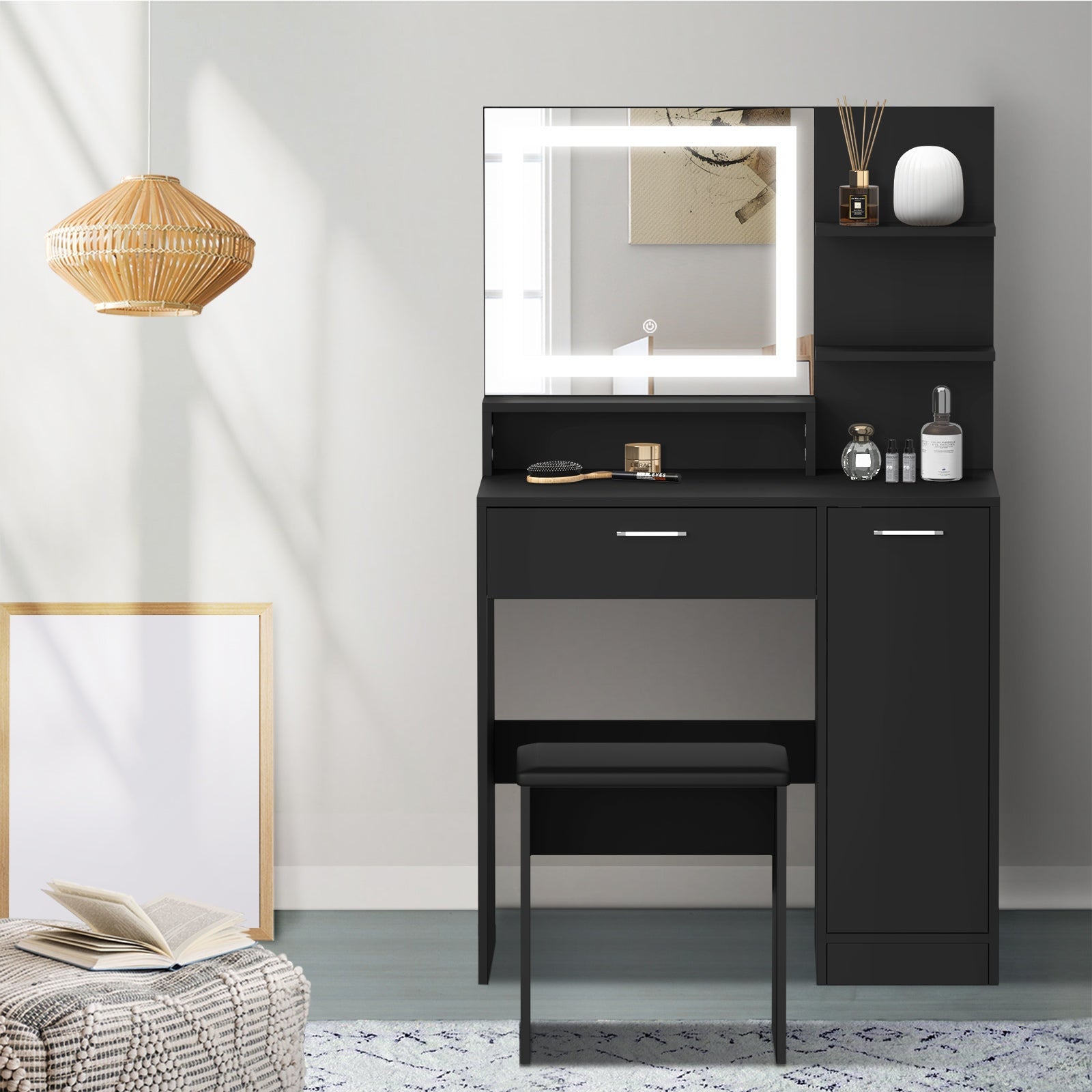 Oikiture Dressing Table Stool Set Makeup Mirror LED Light Large Cabinet Black - Sunyee