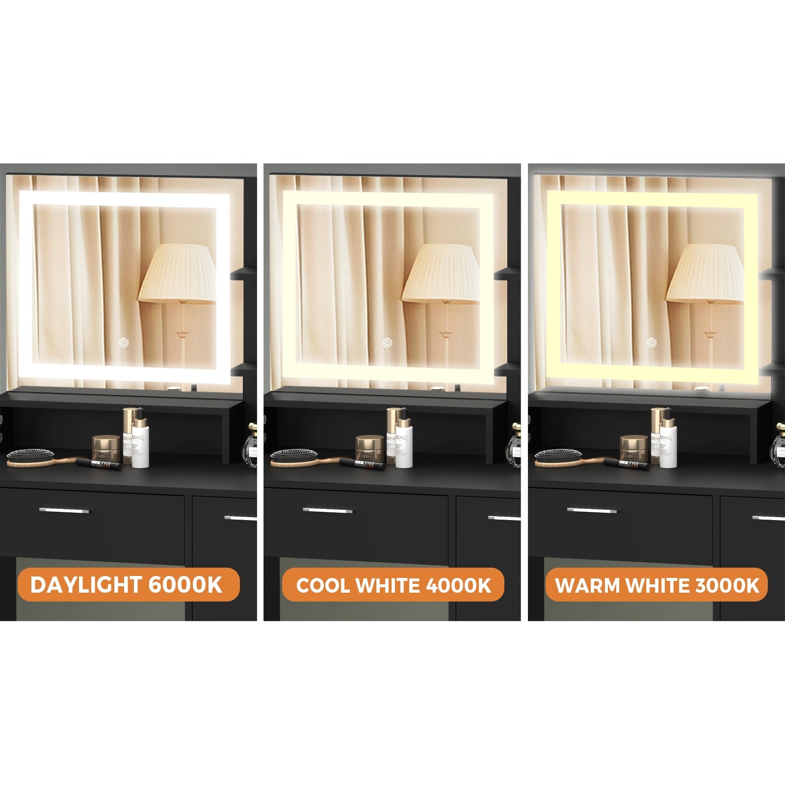 Oikiture Dressing Table Stool Set Makeup Mirror LED Light Large Cabinet Black - Sunyee