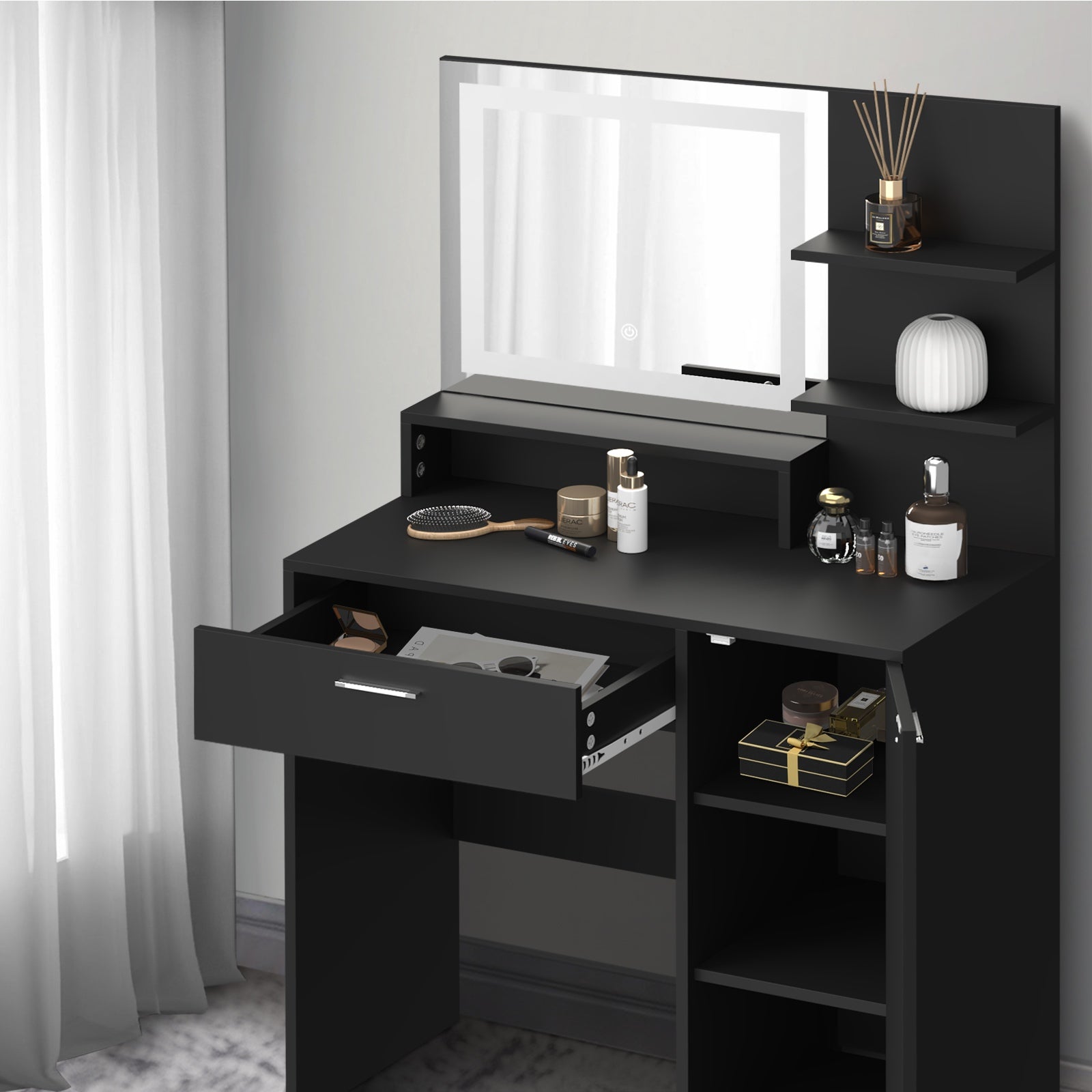 Oikiture Dressing Table Stool Set Makeup Mirror LED Light Large Cabinet Black - Sunyee