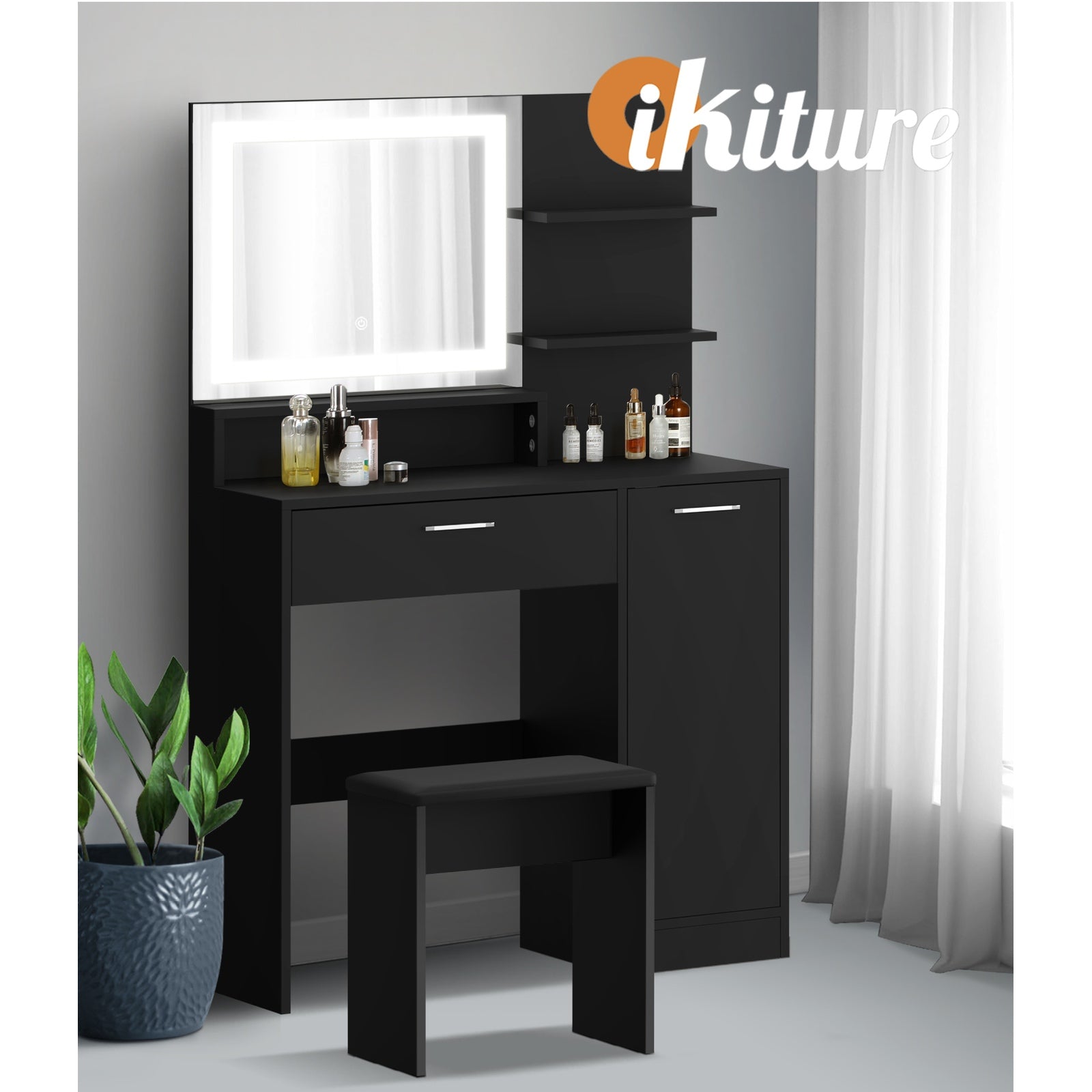Oikiture Dressing Table Stool Set Makeup Mirror LED Light Large Cabinet Black - Sunyee