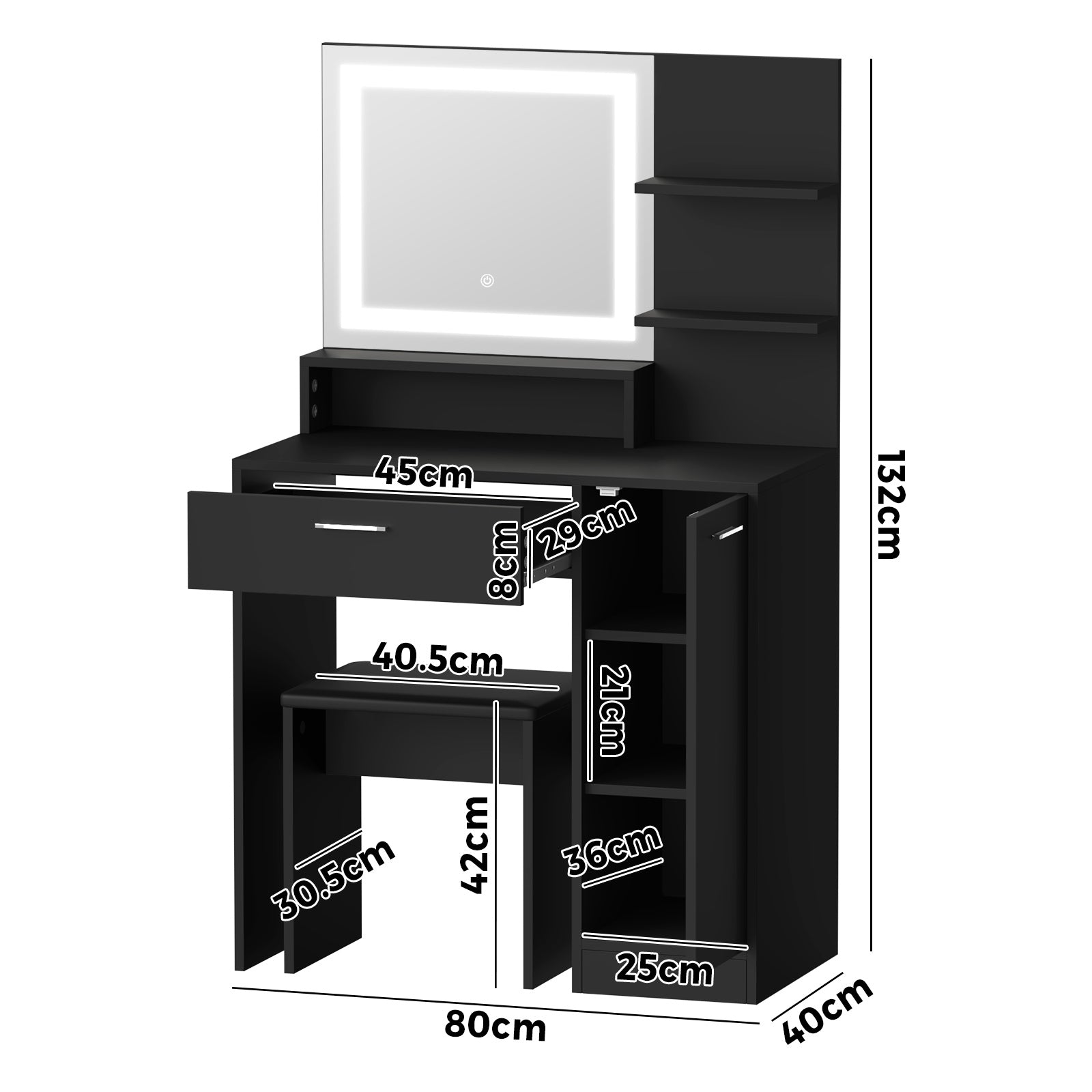 Oikiture Dressing Table Stool Set Makeup Mirror LED Light Large Cabinet Black - Sunyee