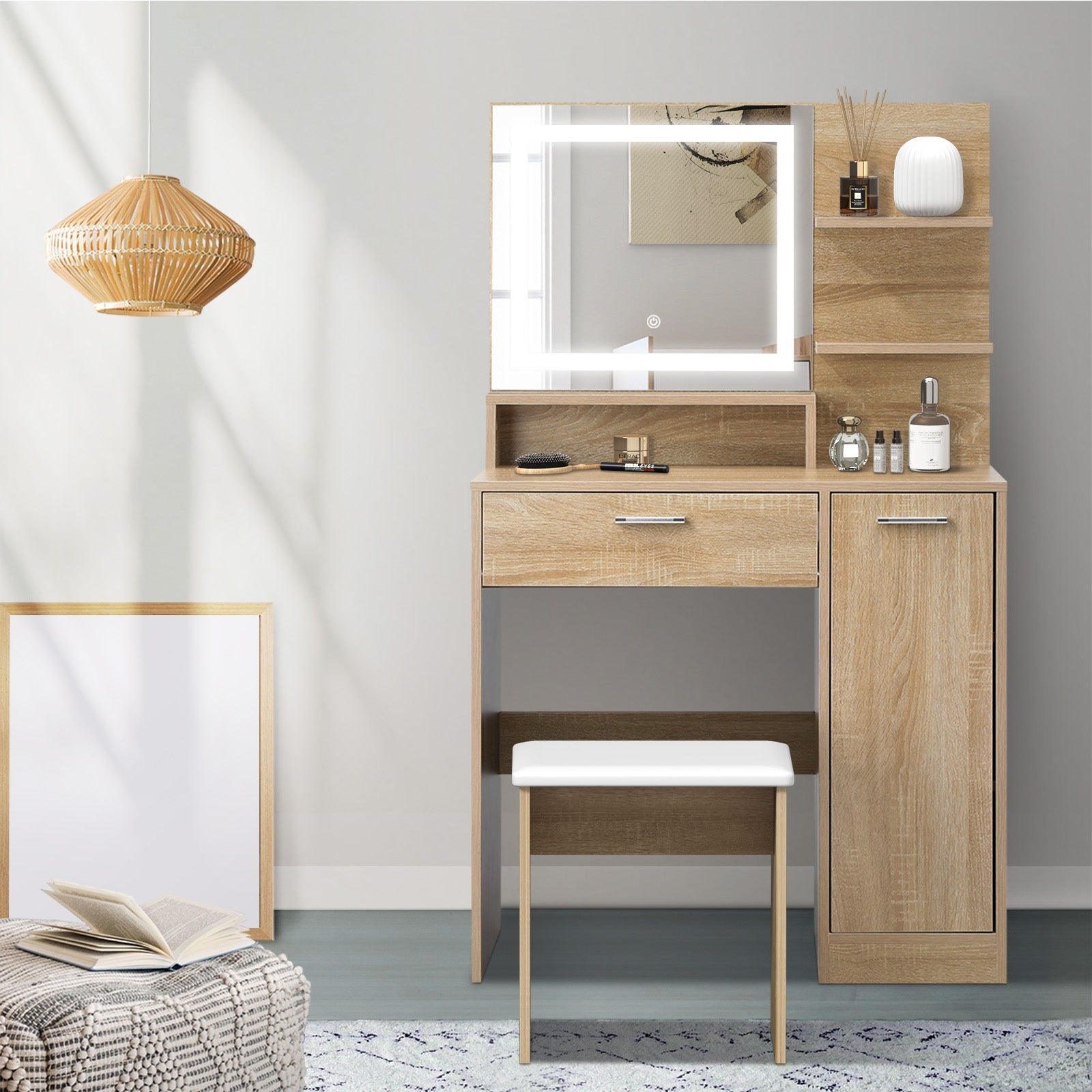 Oikiture Dressing Table Stool Set Makeup Mirror LED Light Large Cabinet Natural - Sunyee