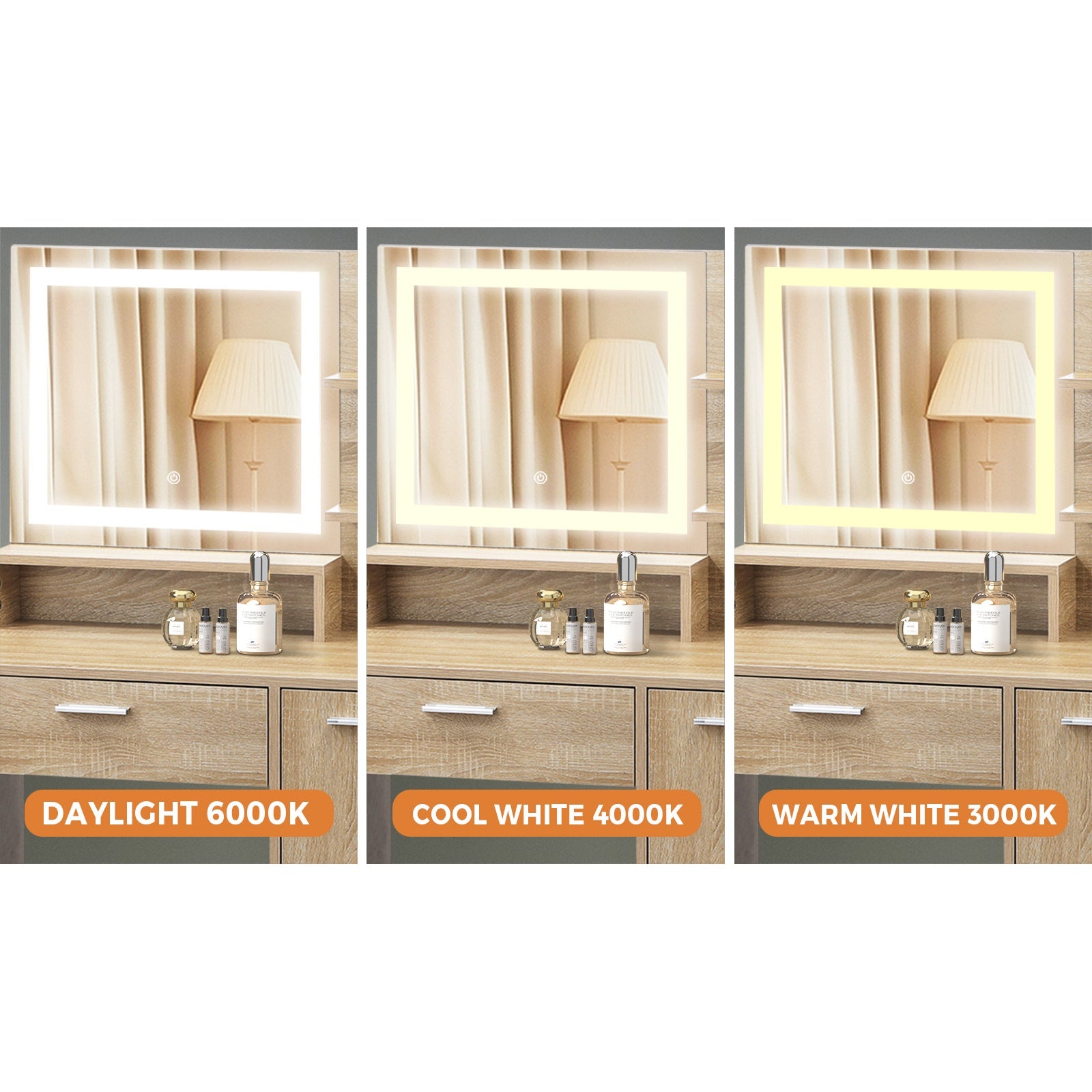 Oikiture Dressing Table Stool Set Makeup Mirror LED Light Large Cabinet Natural - Sunyee