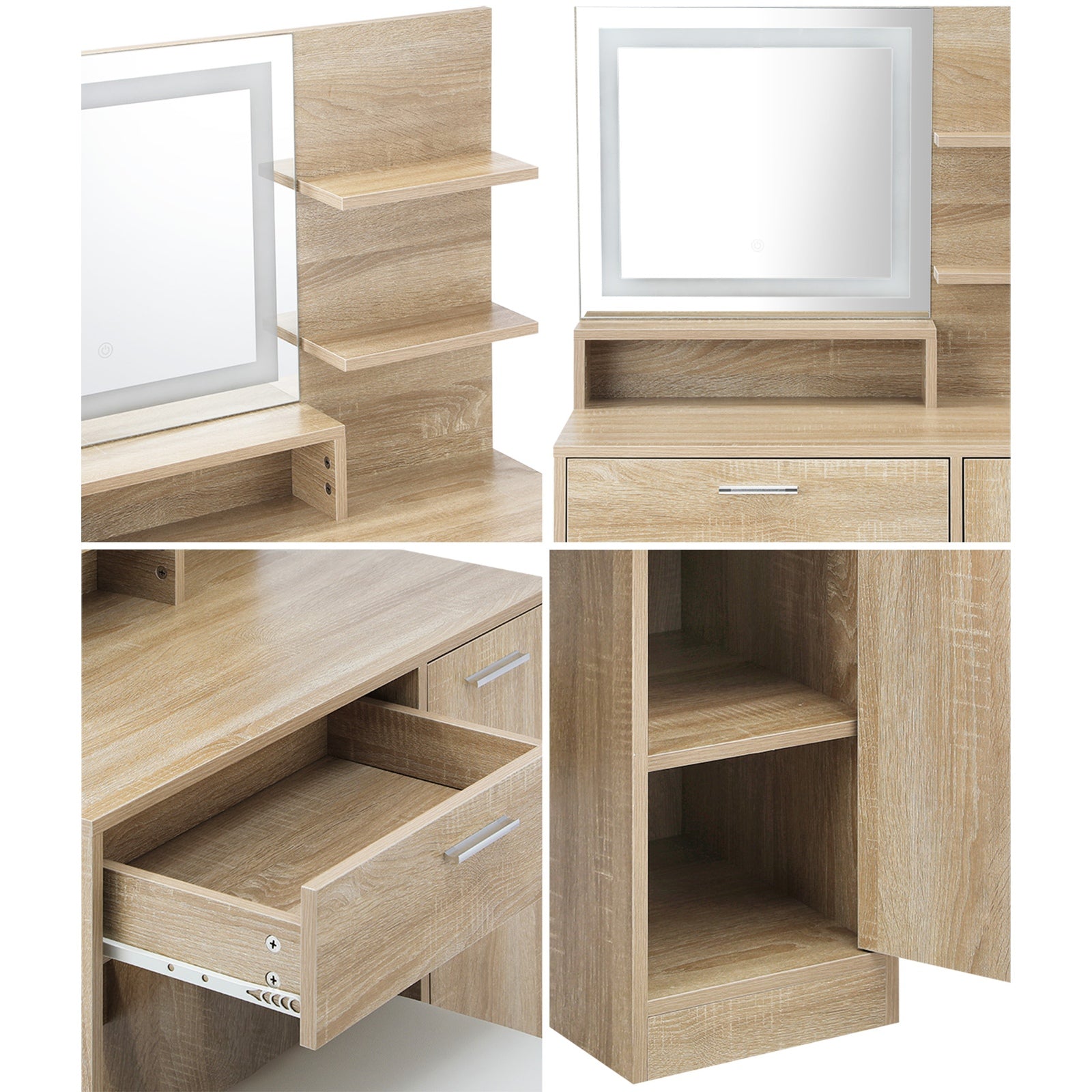 Oikiture Dressing Table Stool Set Makeup Mirror LED Light Large Cabinet Natural - Sunyee