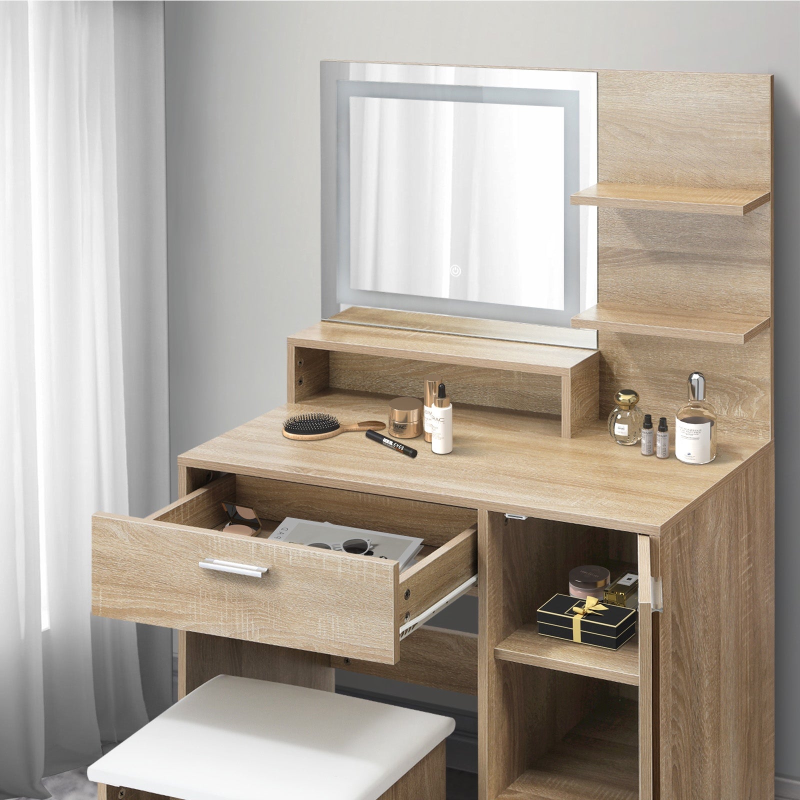 Oikiture Dressing Table Stool Set Makeup Mirror LED Light Large Cabinet Natural - Sunyee