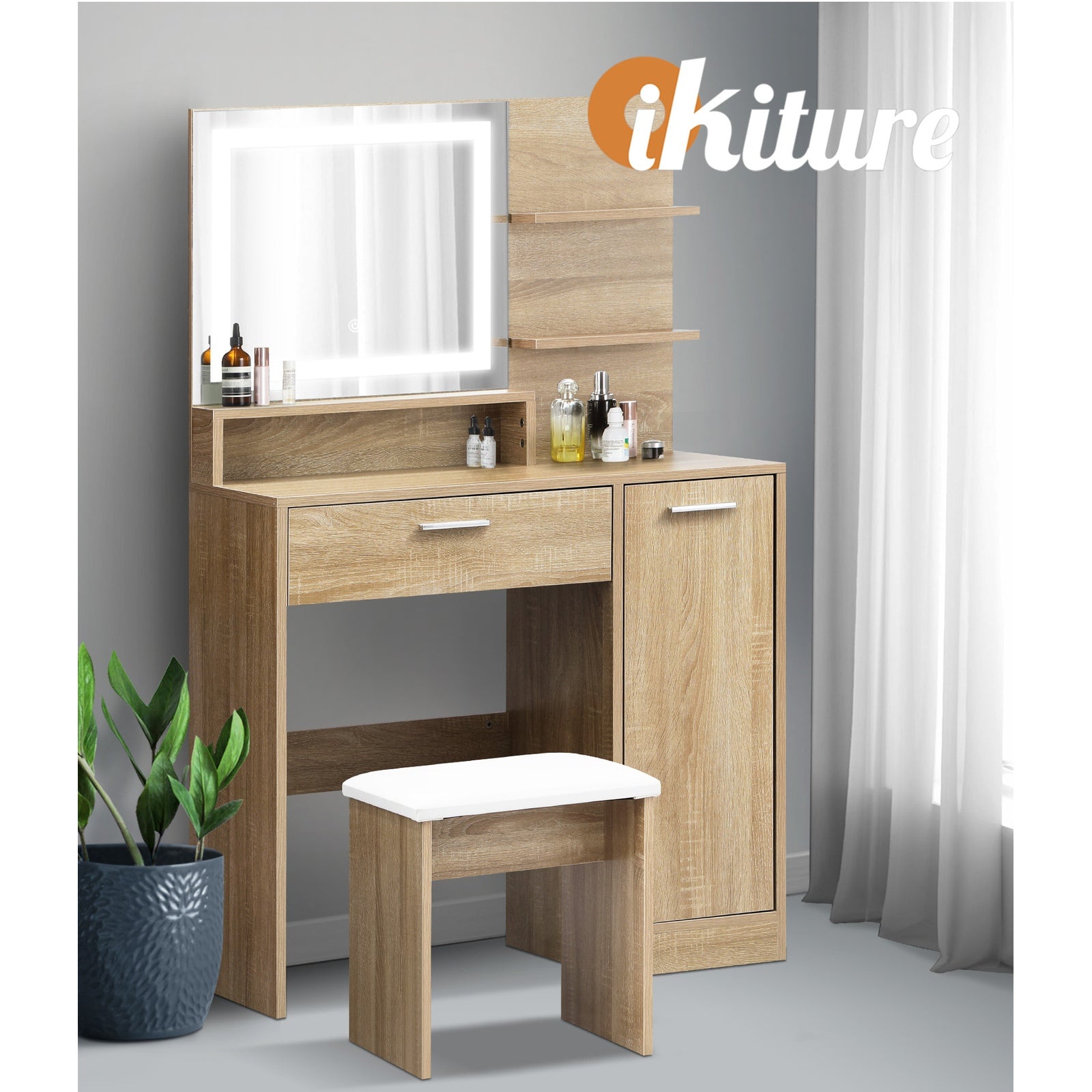 Oikiture Dressing Table Stool Set Makeup Mirror LED Light Large Cabinet Natural - Sunyee