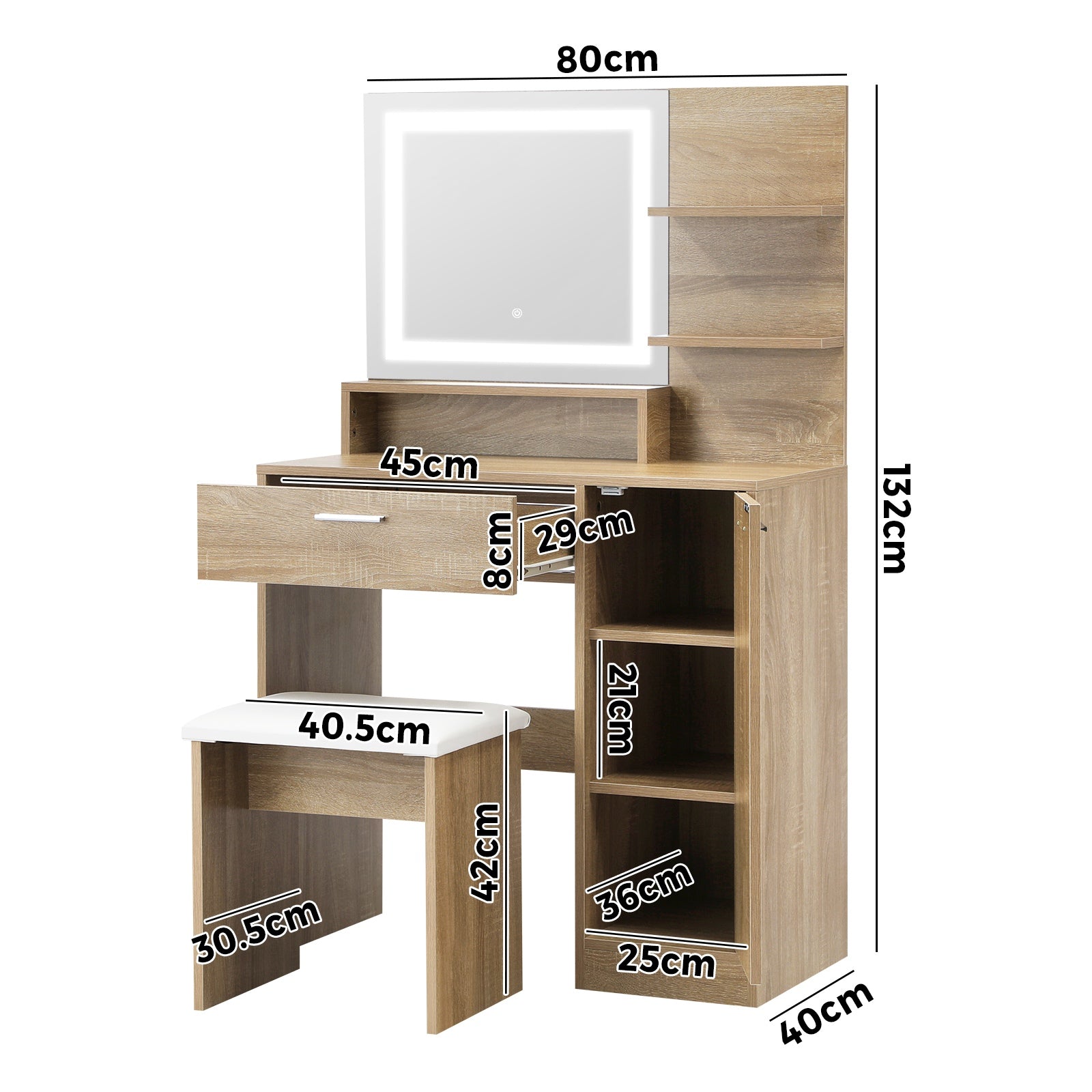 Oikiture Dressing Table Stool Set Makeup Mirror LED Light Large Cabinet Natural - Sunyee