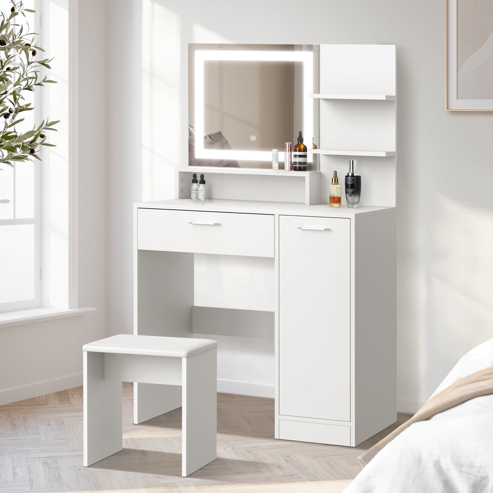 Oikiture Dressing Table Stool Set Makeup Mirror LED Light Large Cabinet White - Sunyee