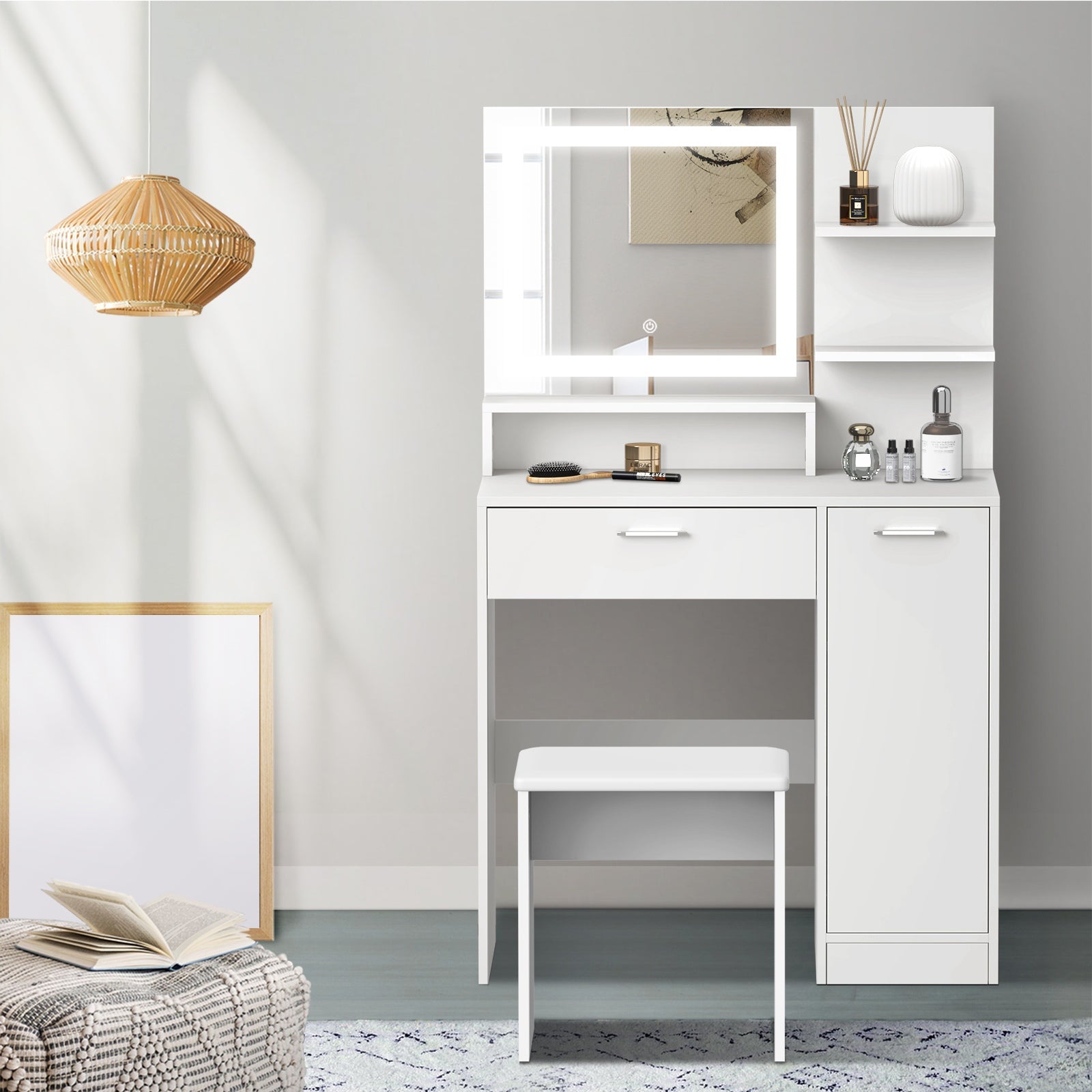 Oikiture Dressing Table Stool Set Makeup Mirror LED Light Large Cabinet White - Sunyee
