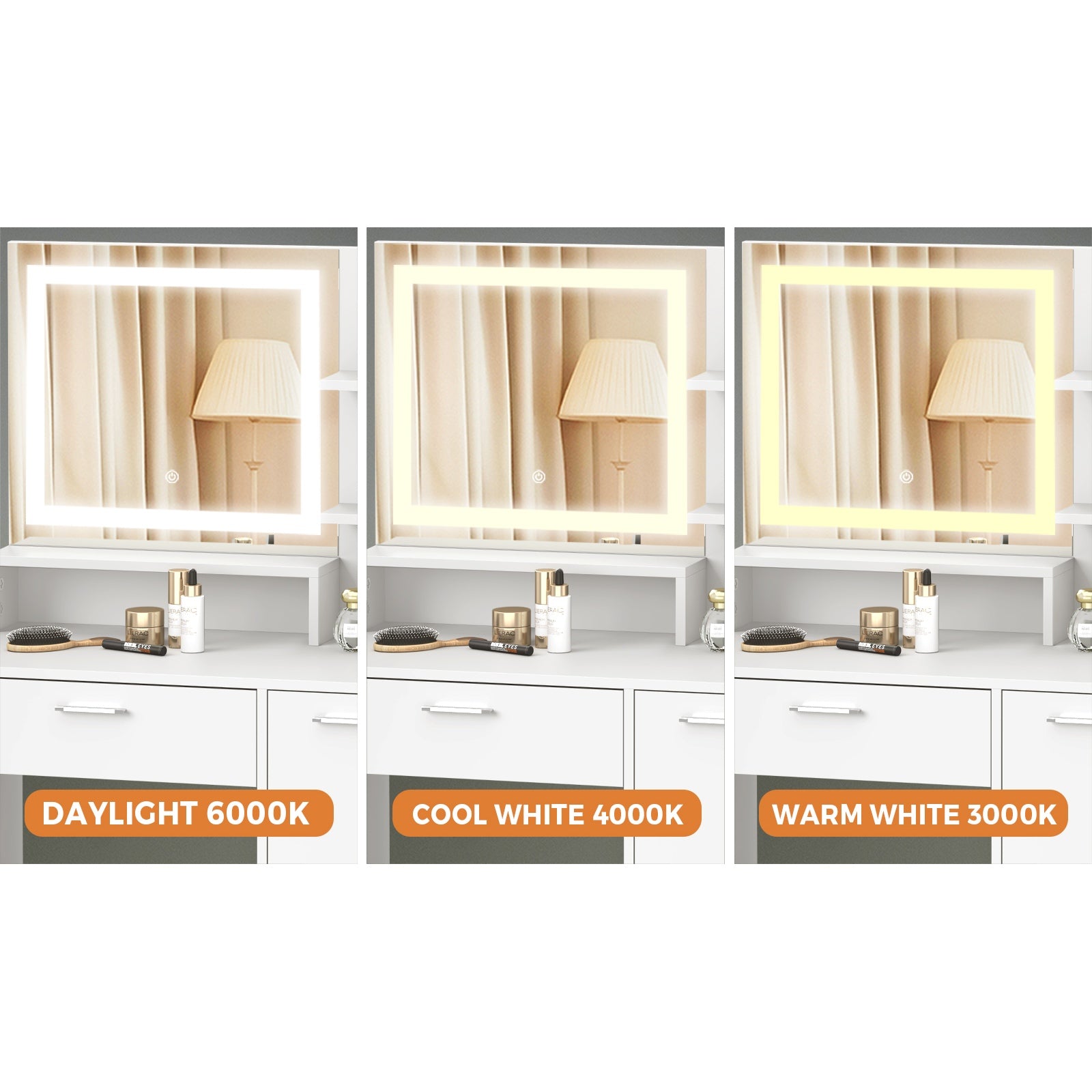 Oikiture Dressing Table Stool Set Makeup Mirror LED Light Large Cabinet White - Sunyee