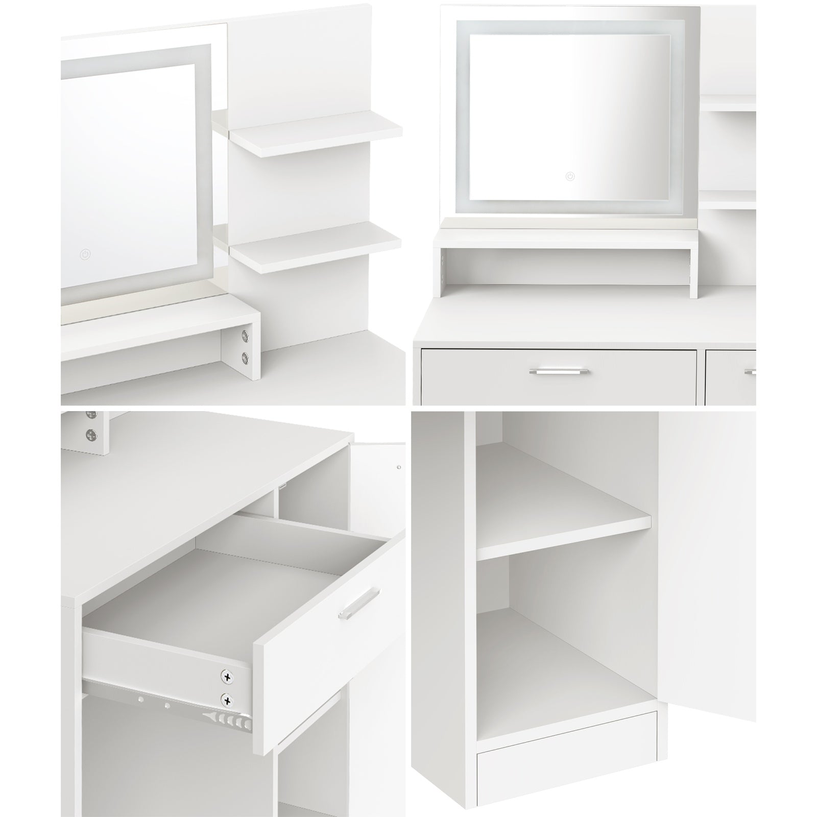 Oikiture Dressing Table Stool Set Makeup Mirror LED Light Large Cabinet White - Sunyee