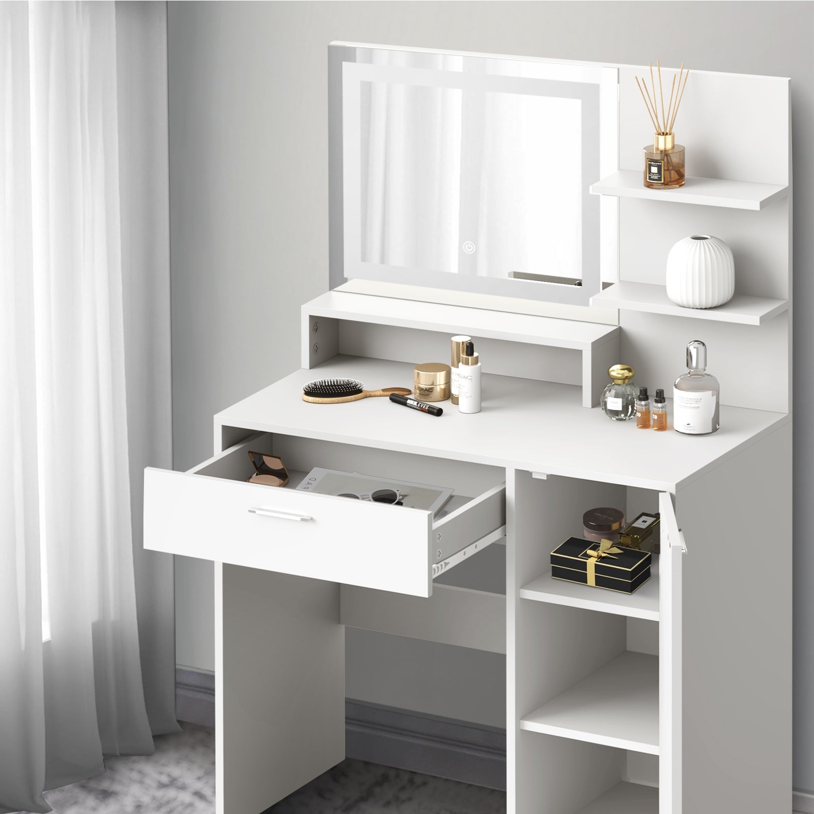 Oikiture Dressing Table Stool Set Makeup Mirror LED Light Large Cabinet White - Sunyee