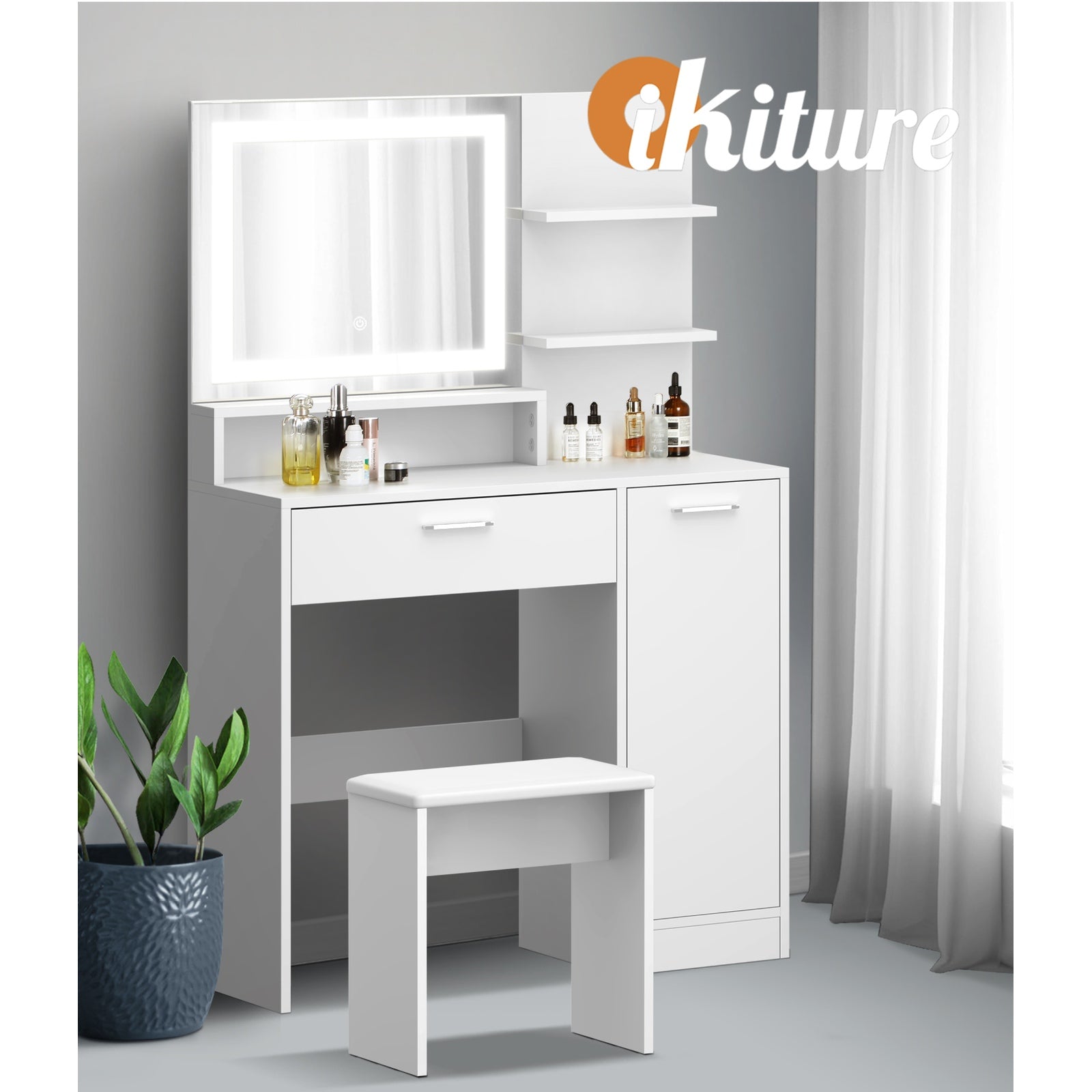 Oikiture Dressing Table Stool Set Makeup Mirror LED Light Large Cabinet White - Sunyee