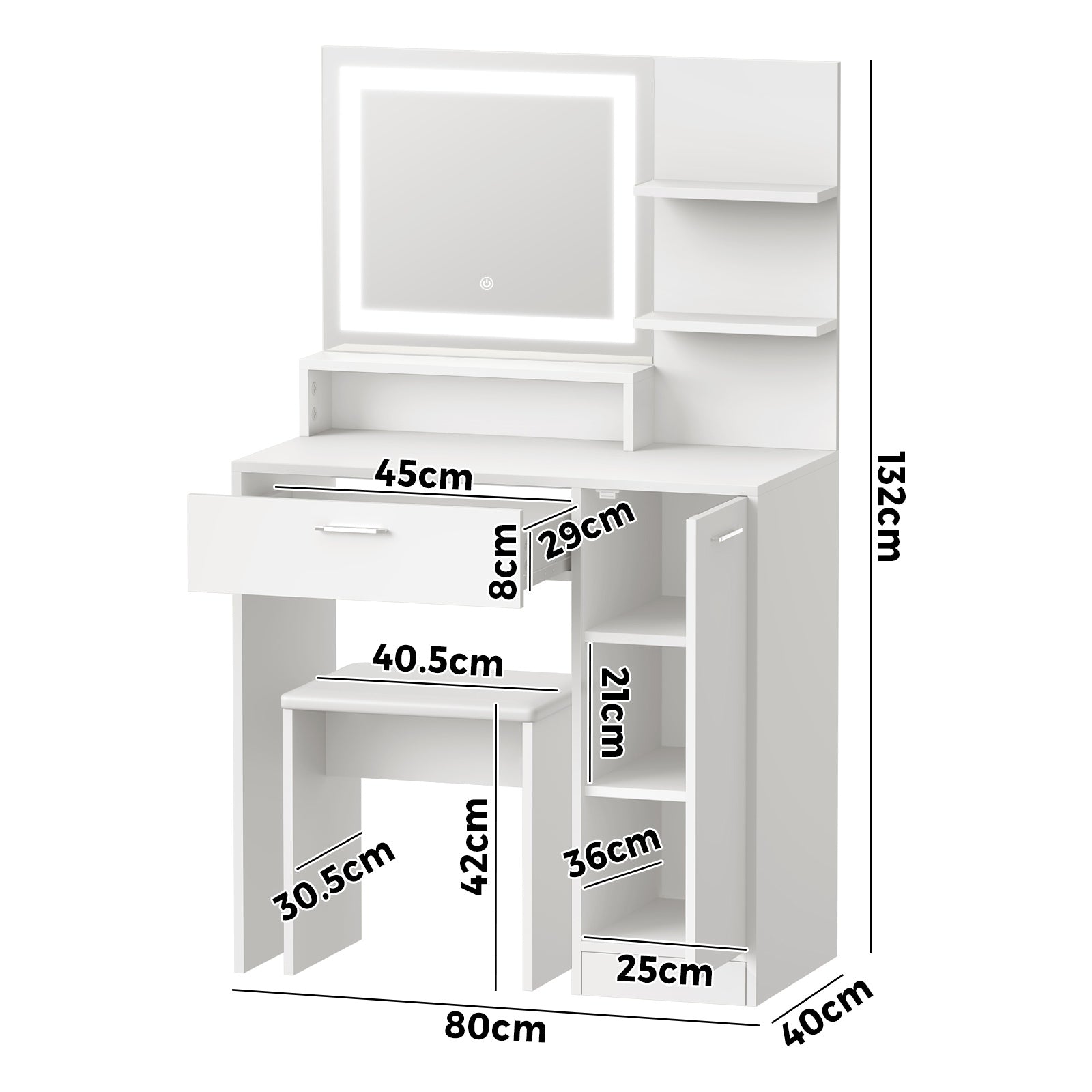 Oikiture Dressing Table Stool Set Makeup Mirror LED Light Large Cabinet White - Sunyee
