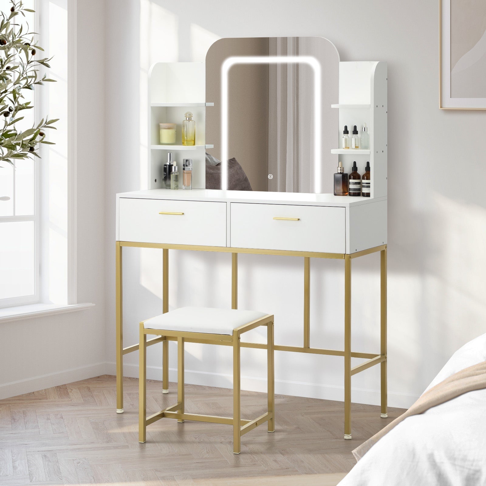 Oikiture Dressing Table Stool Set Makeup LED Mirror Vanity Iron Desk White Gold - Sunyee