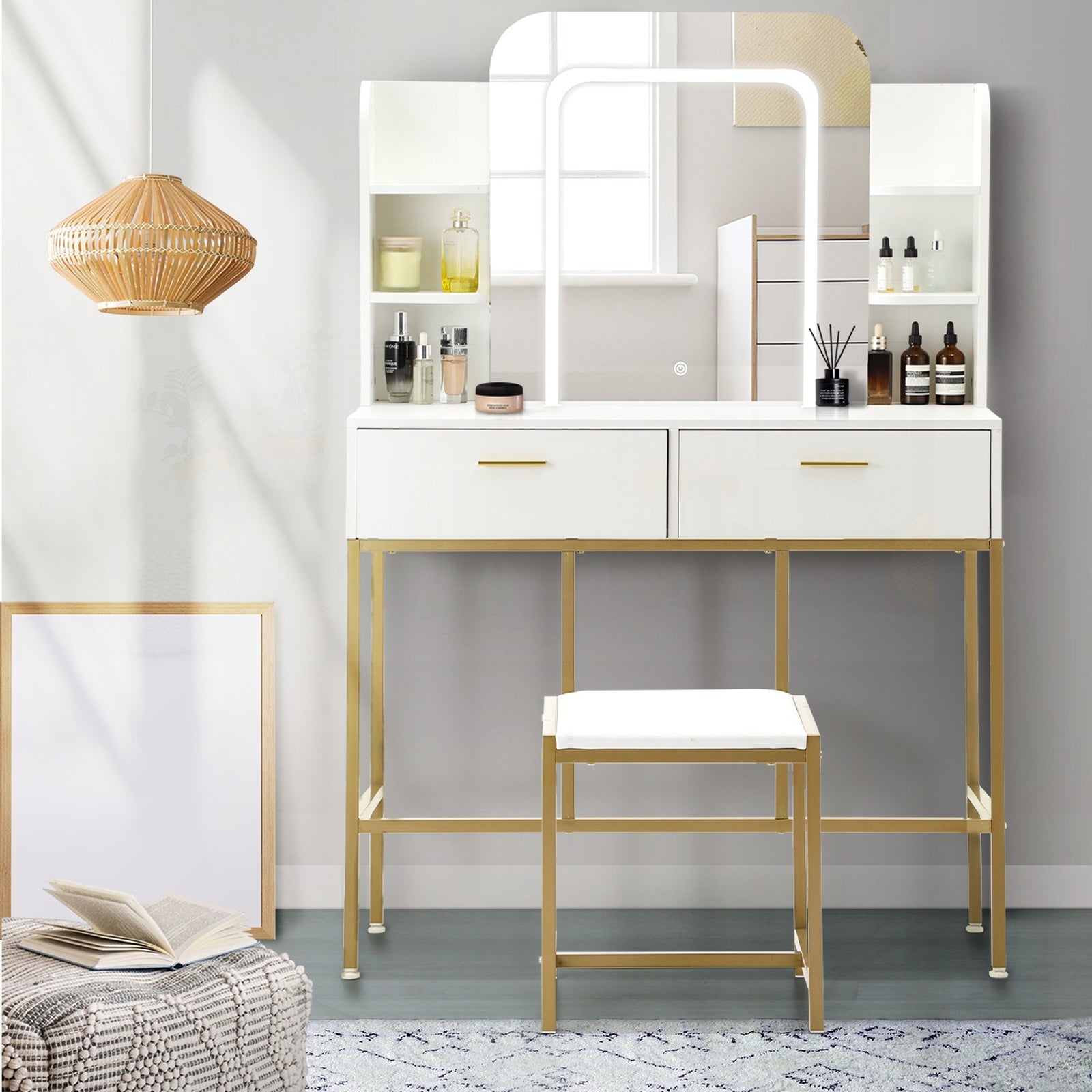 Oikiture Dressing Table Stool Set Makeup LED Mirror Vanity Iron Desk White Gold - Sunyee
