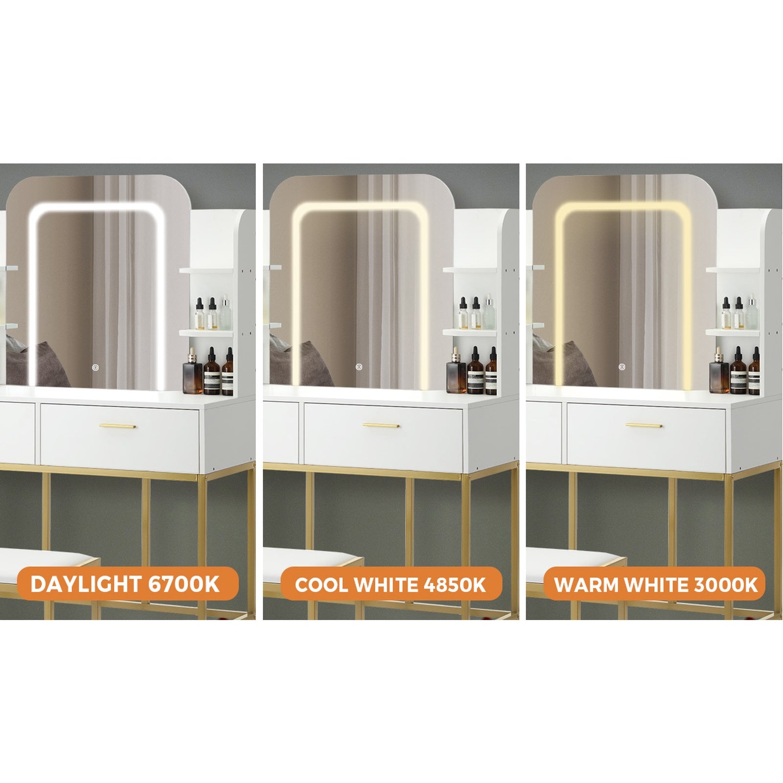 Oikiture Dressing Table Stool Set Makeup LED Mirror Vanity Iron Desk White Gold - Sunyee