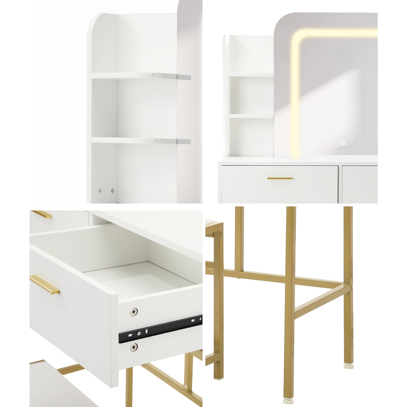 Oikiture Dressing Table Stool Set Makeup LED Mirror Vanity Iron Desk White Gold - Sunyee