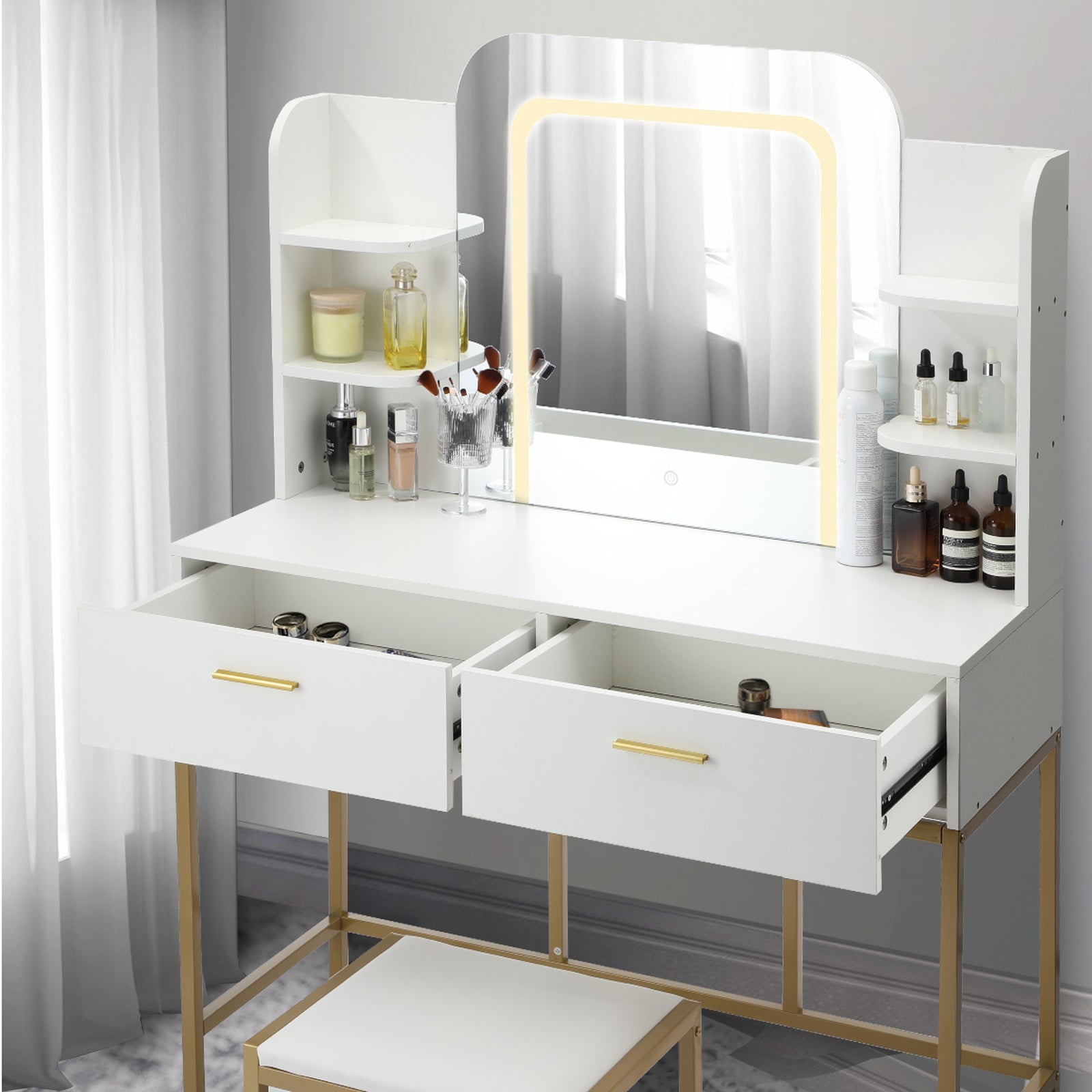 Oikiture Dressing Table Stool Set Makeup LED Mirror Vanity Iron Desk White Gold - Sunyee