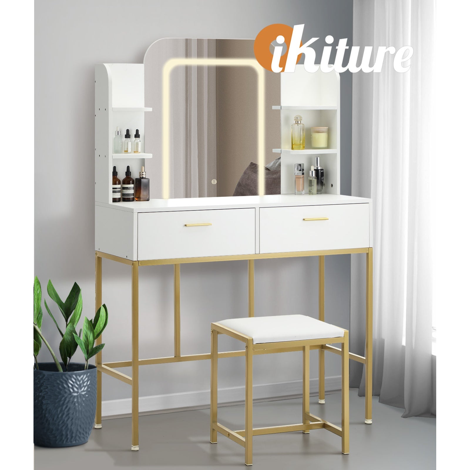 Oikiture Dressing Table Stool Set Makeup LED Mirror Vanity Iron Desk White Gold - Sunyee