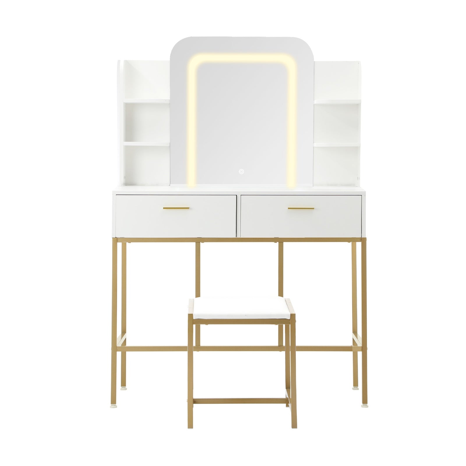 Oikiture Dressing Table Stool Set Makeup LED Mirror Vanity Iron Desk White Gold - Sunyee