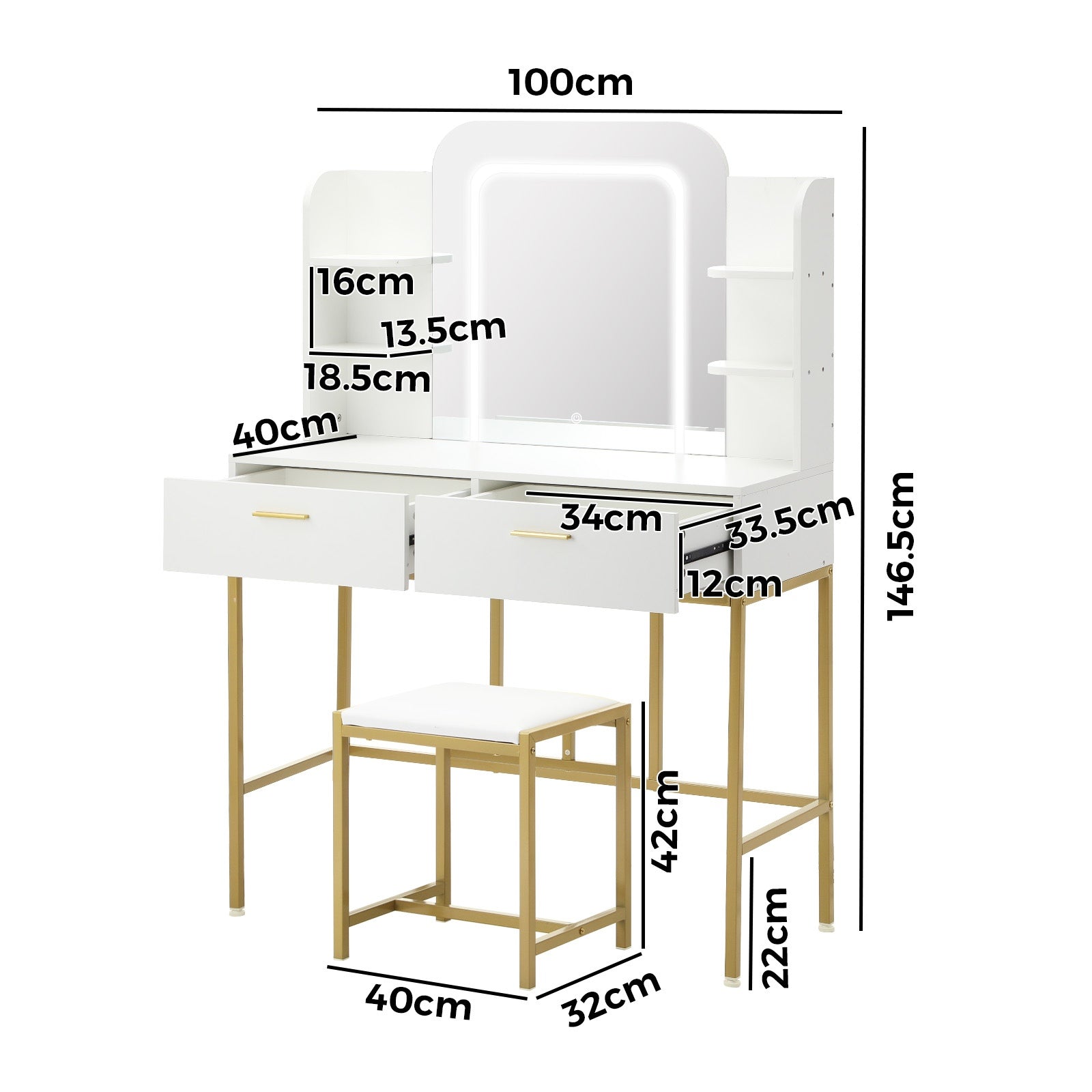Oikiture Dressing Table Stool Set Makeup LED Mirror Vanity Iron Desk White Gold - Sunyee