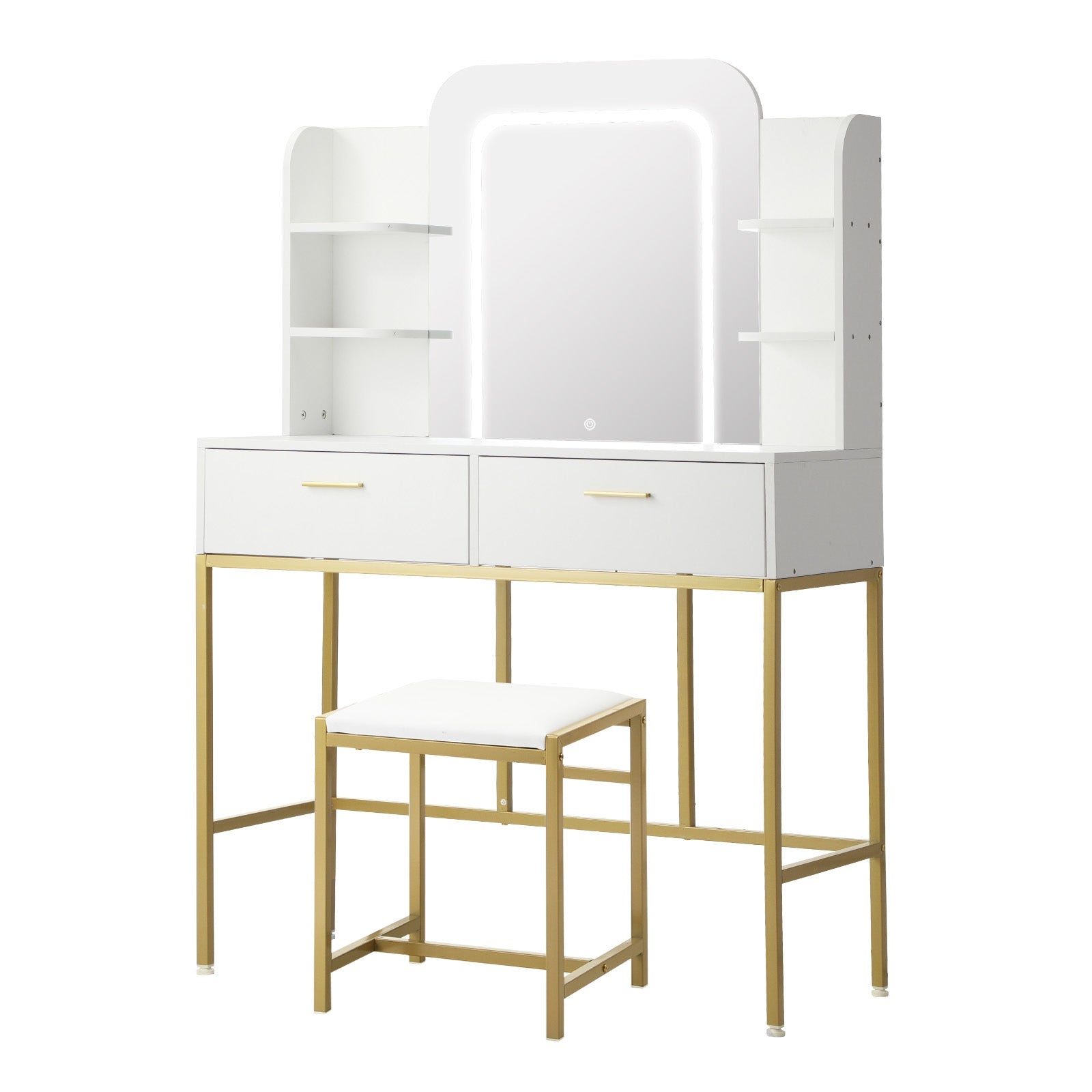 Oikiture Dressing Table Stool Set Makeup LED Mirror Vanity Iron Desk White Gold - Sunyee