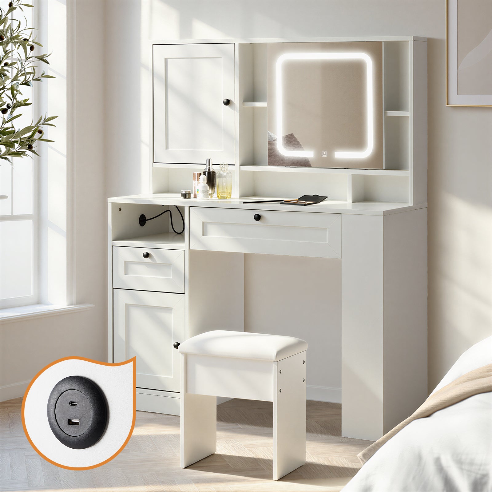 Oikiture Dressing Table Stool Set LED Mirror Makeup Desk With Charging Station - Sunyee