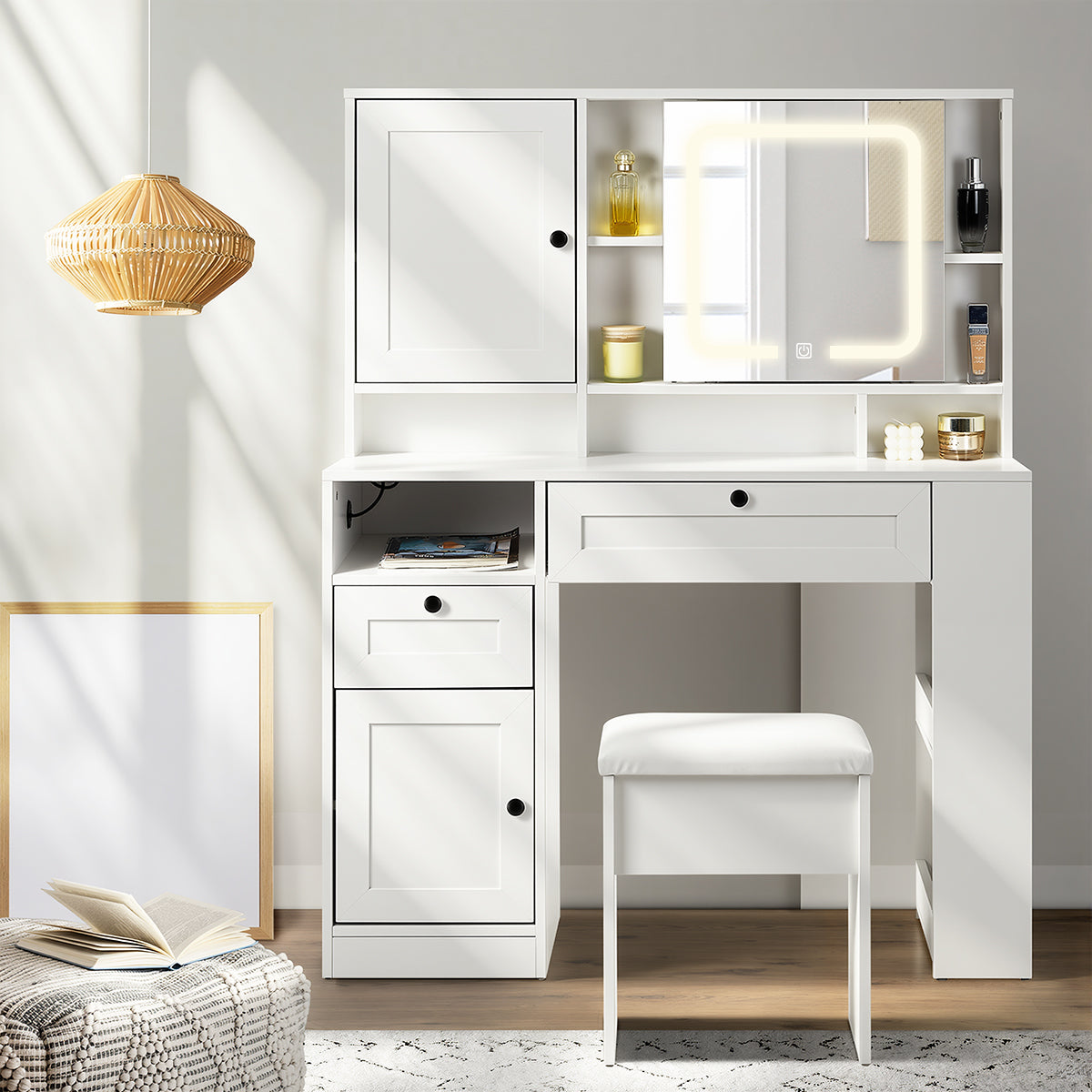 Oikiture Dressing Table Stool Set LED Mirror Makeup Desk With Charging Station - Sunyee