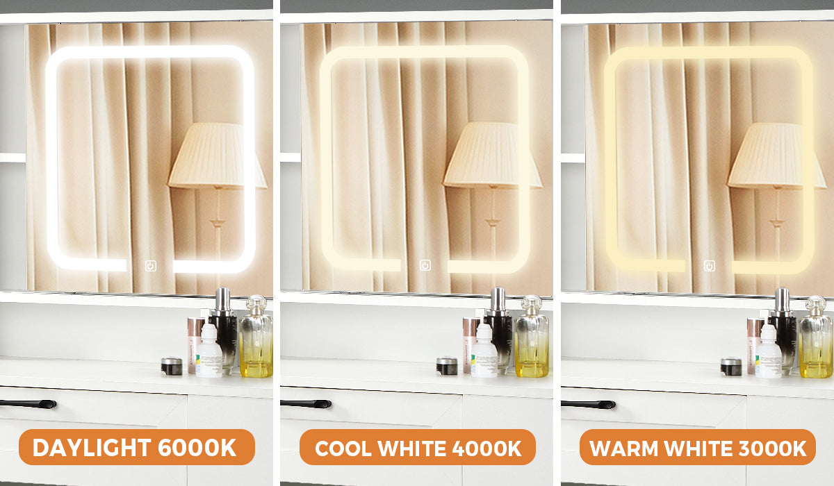 Oikiture Dressing Table Stool Set LED Mirror Makeup Desk With Charging Station - Sunyee