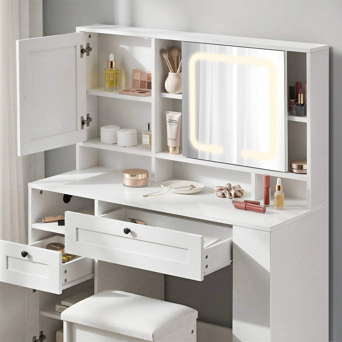 Oikiture Dressing Table Stool Set LED Mirror Makeup Desk With Charging Station - Sunyee