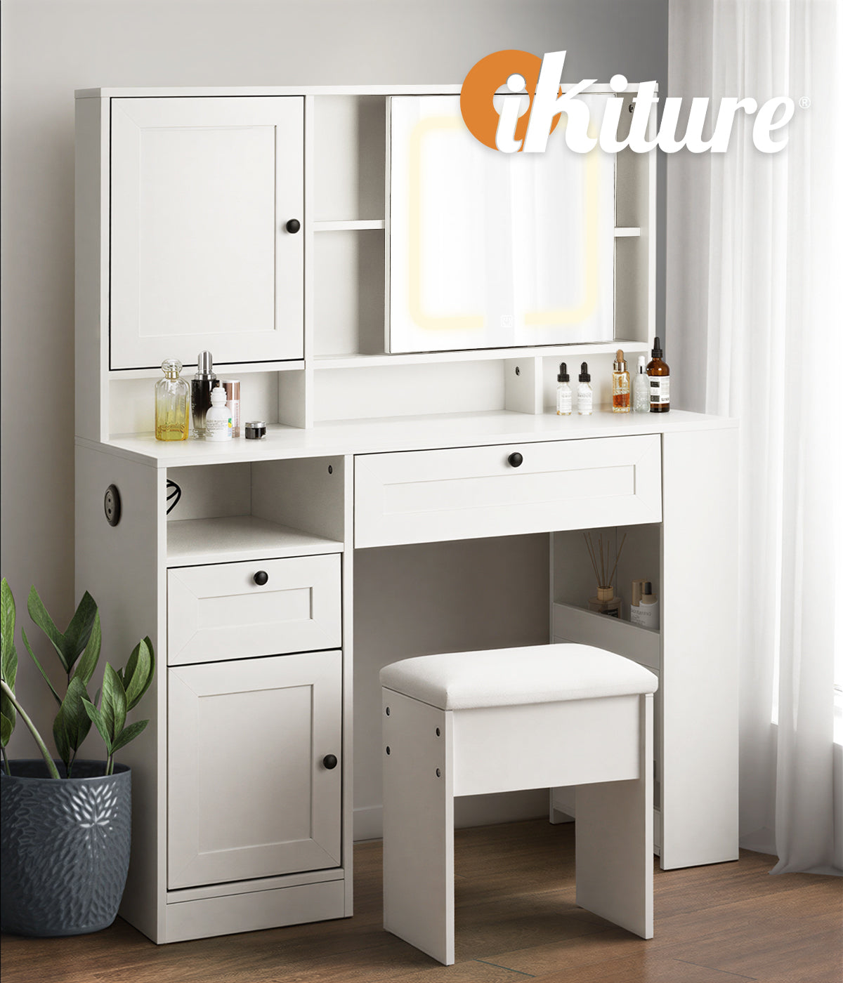 Oikiture Dressing Table Stool Set LED Mirror Makeup Desk With Charging Station - Sunyee