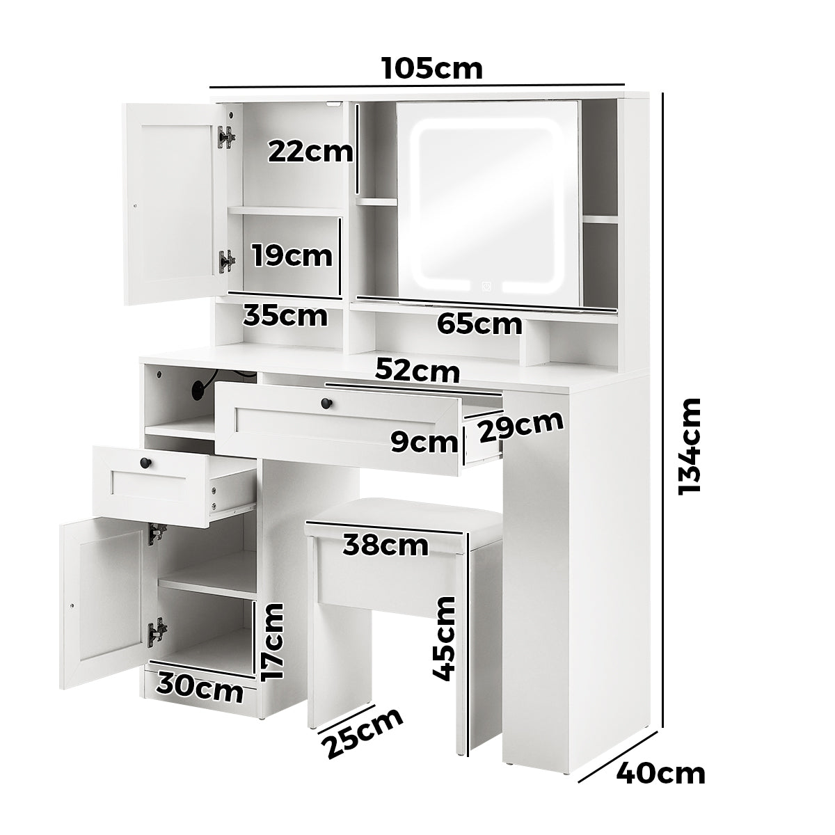 Oikiture Dressing Table Stool Set LED Mirror Makeup Desk With Charging Station - Sunyee