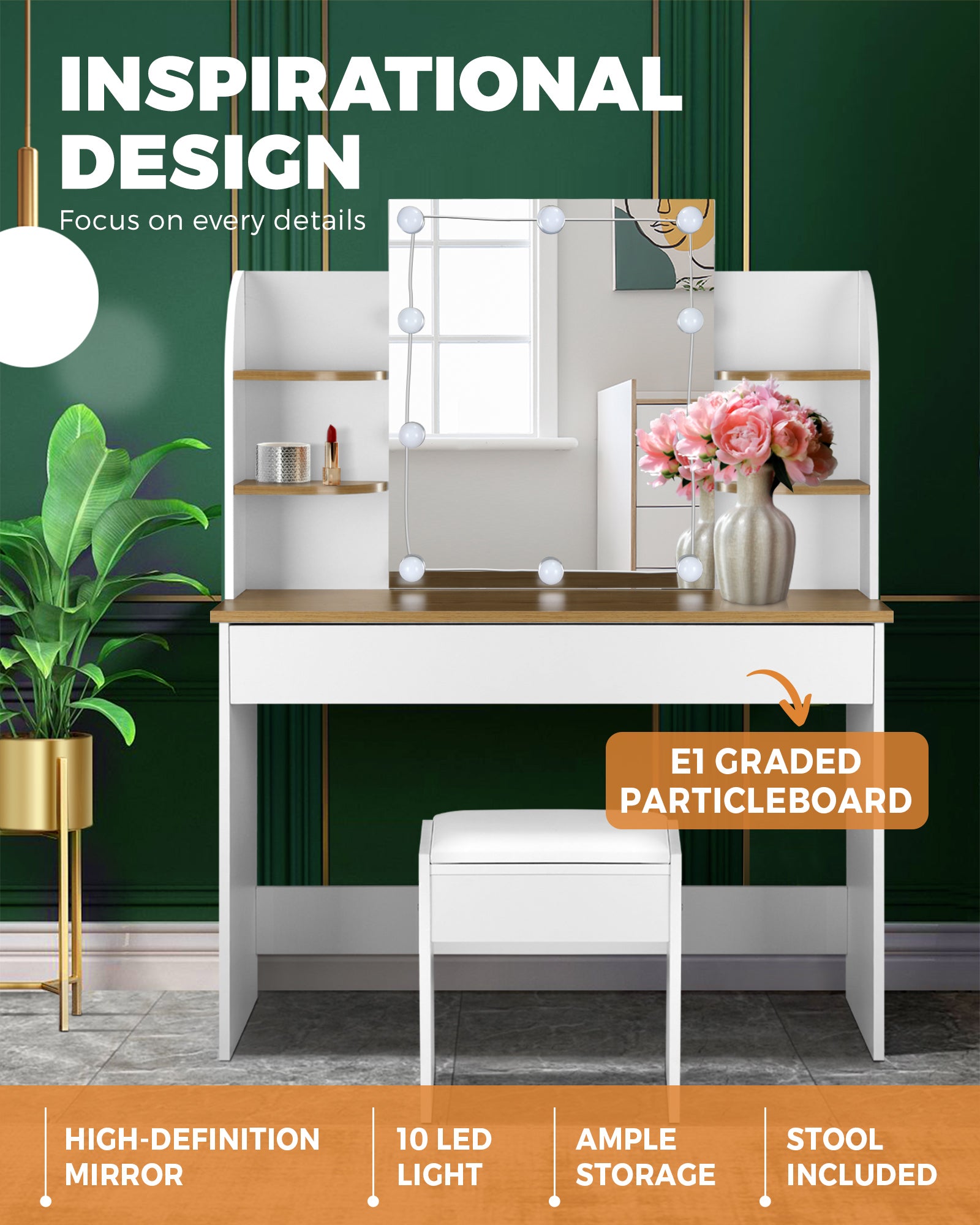 Oikiture Dressing Table Stool Set Makeup Mirror Storage Drawer 10 LED Bulbs - Sunyee