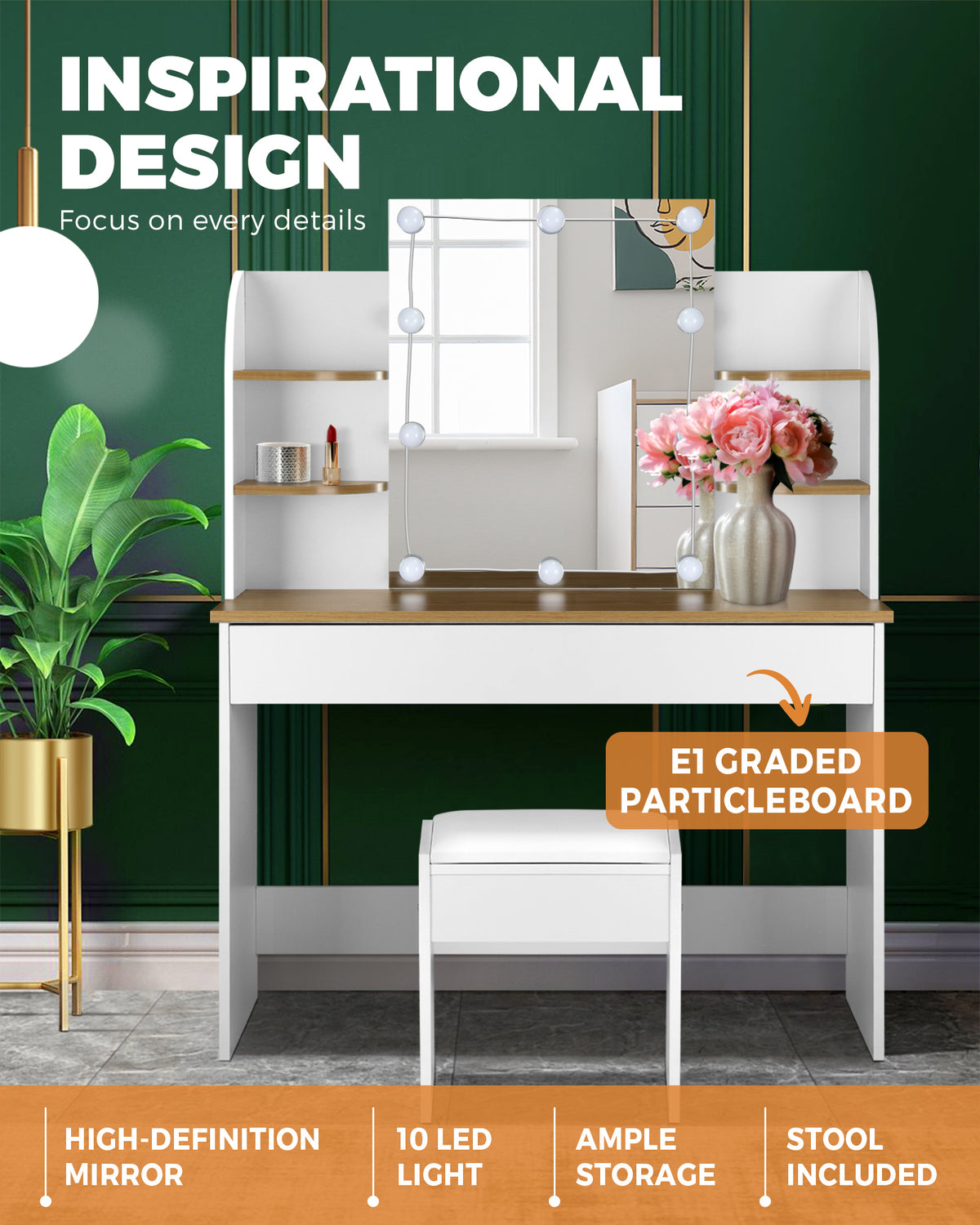 Oikiture Dressing Table Stool Set Makeup Mirror Storage Drawer 10 LED Bulbs