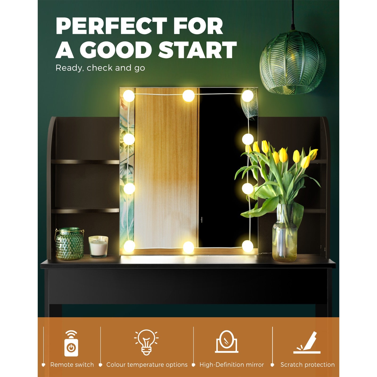 Oikiture Dressing Table Stool Set Makeup Mirror Storage Drawer 10 LED Bulbs - Sunyee