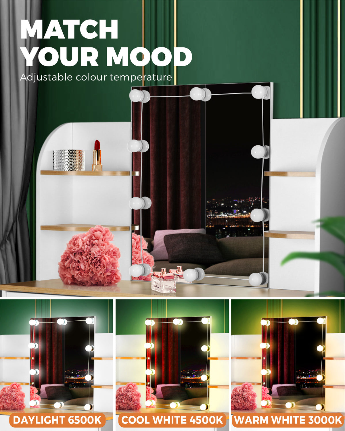 Oikiture Dressing Table Stool Set Makeup Mirror Storage Drawer 10 LED Bulbs
