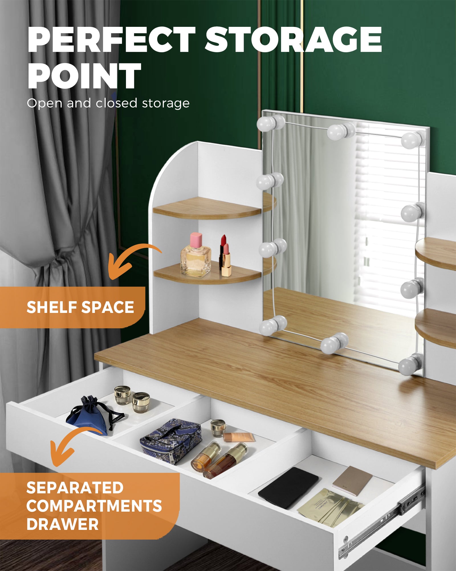 Oikiture Dressing Table Stool Set Makeup Mirror Storage Drawer 10 LED Bulbs - Sunyee