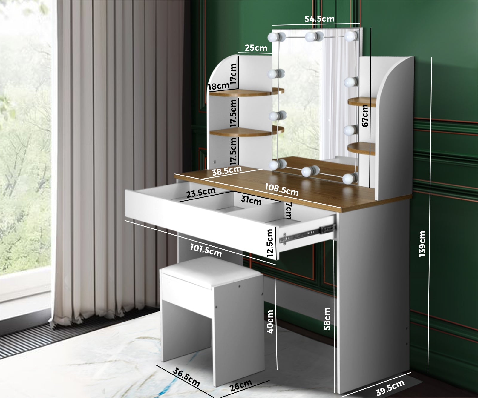 Oikiture Dressing Table Stool Set Makeup Mirror Storage Drawer 10 LED Bulbs - Sunyee