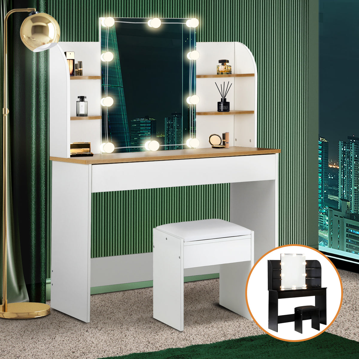 Oikiture Dressing Table Stool Set Makeup Mirror Storage Drawer 10 LED Bulbs