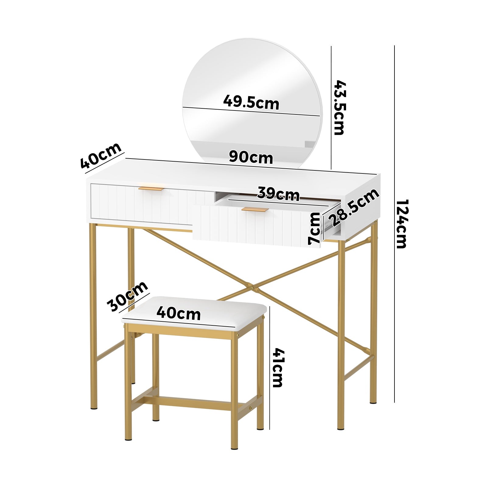 Oikiture Dressing Table Stool Set with Mirror Vanity Makeup Desk 2 Drawers - Sunyee