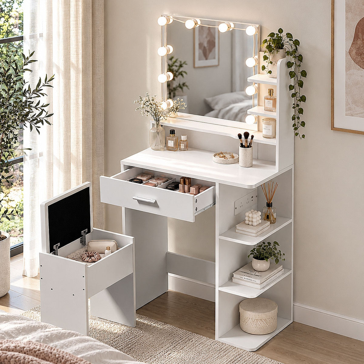 Oikiture Small Dressing Table Set LED Lights Makeup Mirror Vanity Desk White
