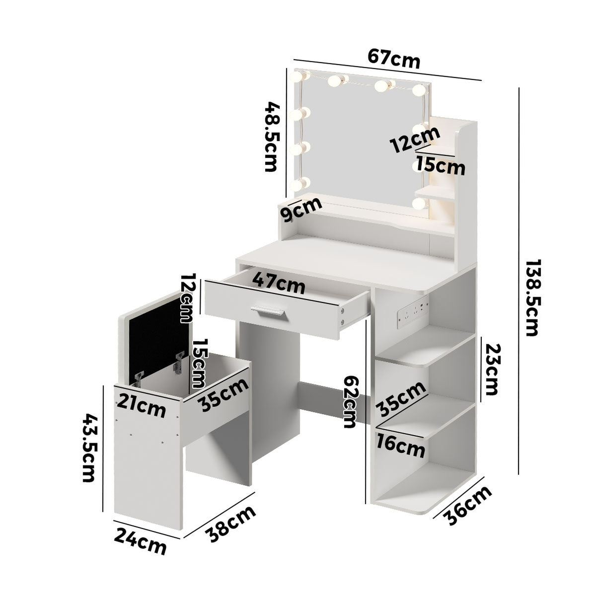 Oikiture Small Dressing Table Set LED Lights Makeup Mirror Vanity Desk White