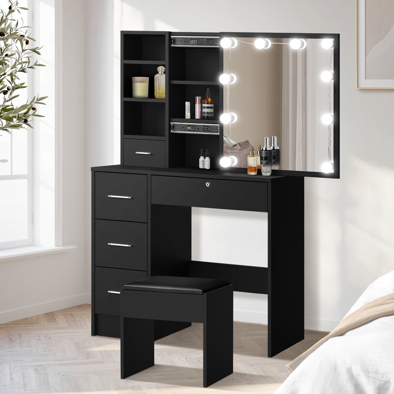 Oikiture Dressing Table Stool Set Makeup Slide Mirror Drawer 10 LED Bulbs Wooden - Sunyee