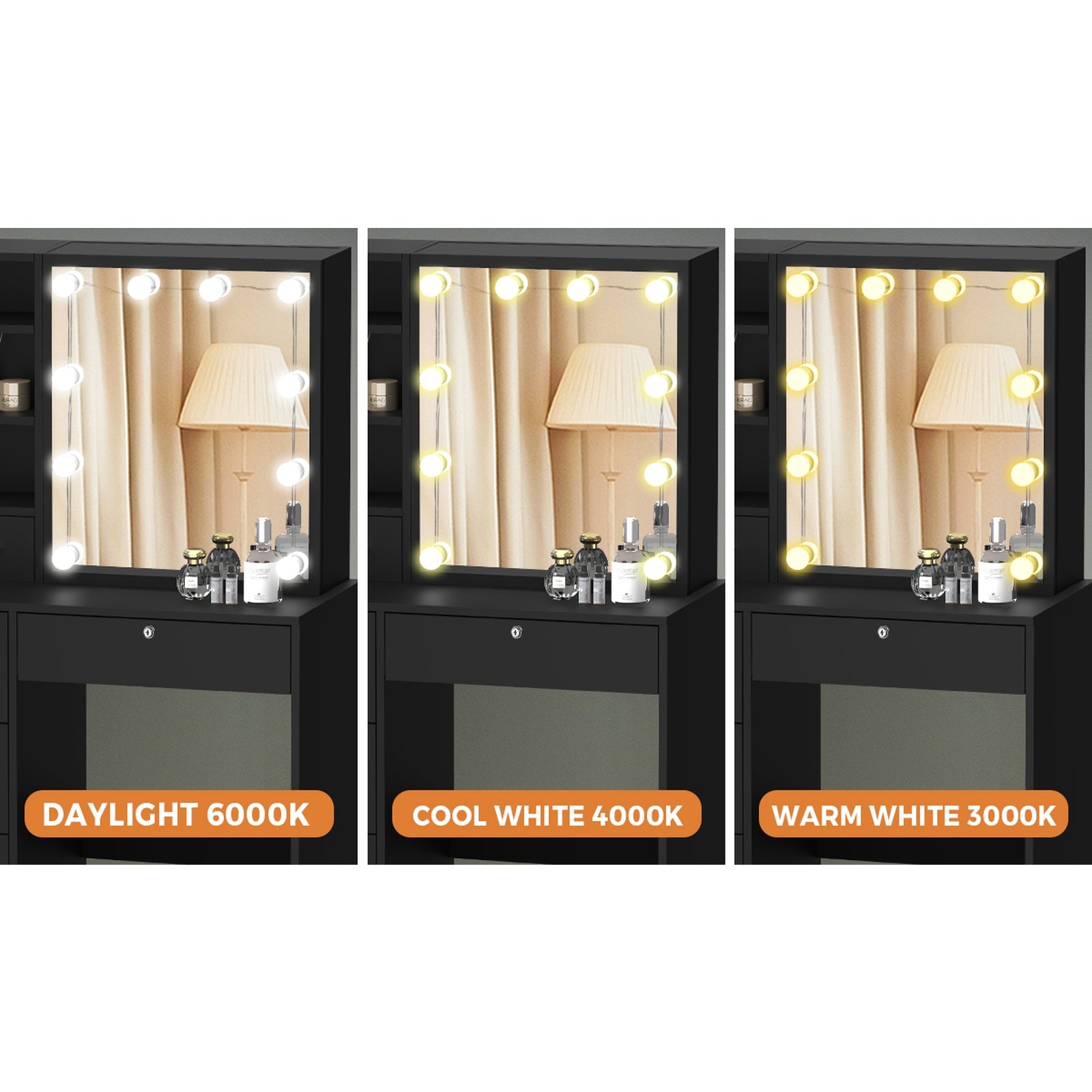 Oikiture Dressing Table Stool Set Makeup Slide Mirror Drawer 10 LED Bulbs Wooden - Sunyee