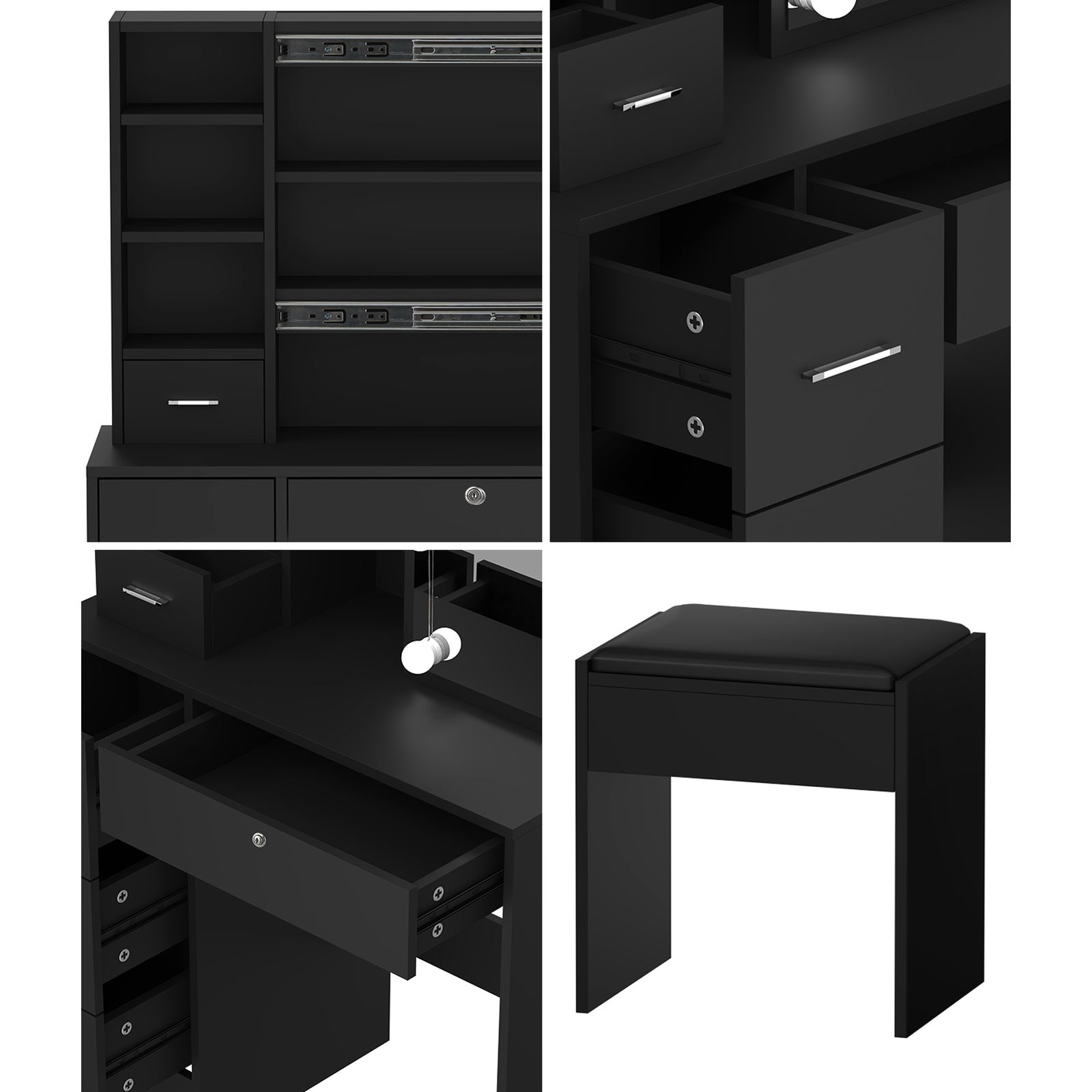 Oikiture Dressing Table Stool Set Makeup Slide Mirror Drawer 10 LED Bulbs Wooden - Sunyee